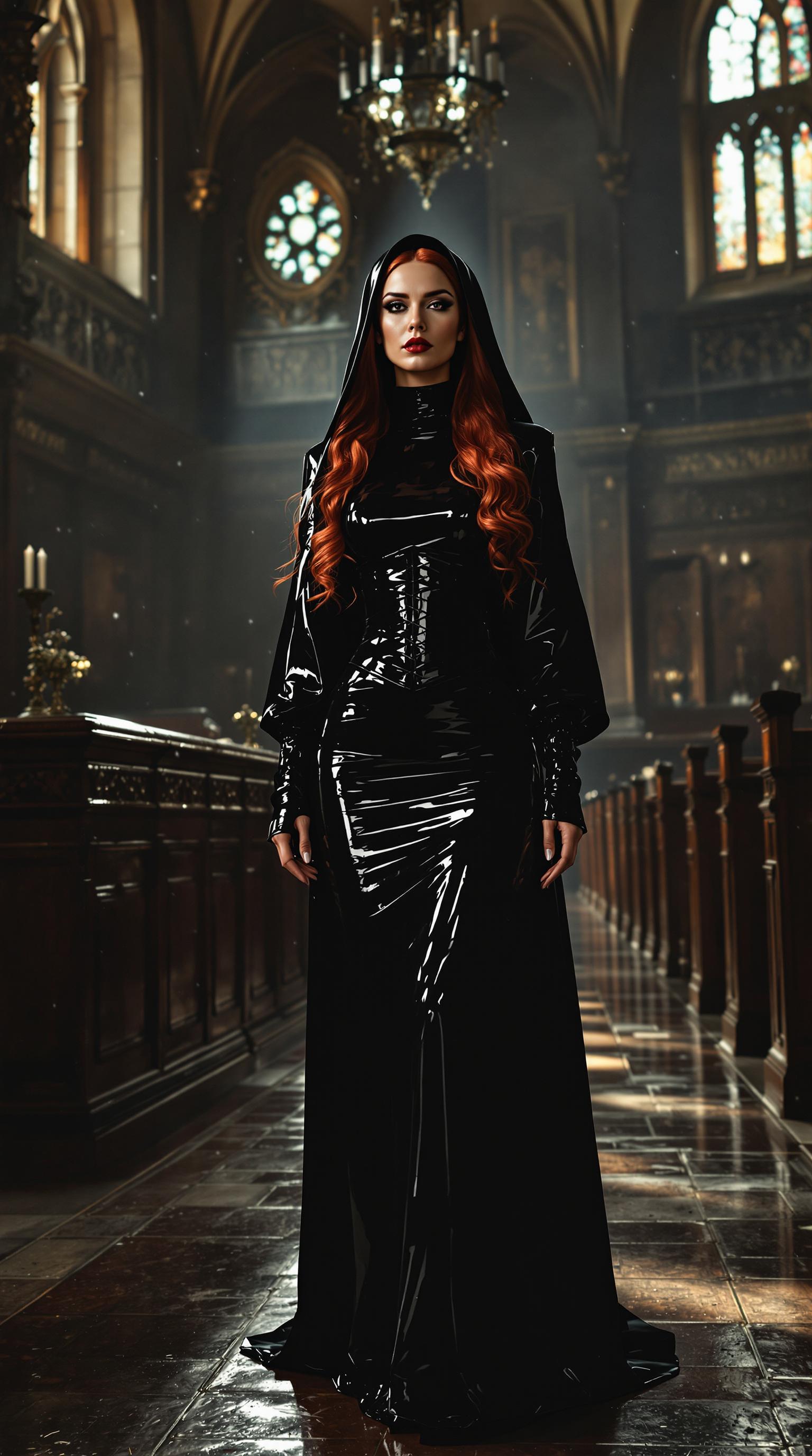 A striking mid-30s woman, exuding authority and confidence, stands at the center of an ancient, dimly lit courtroom. She is dressed in sleek, shiny black latex nun's robes that catch the light with a glossy sheen, paired with a form-fitting black latex corset that accentuates her commanding presence. Her crimson hair cascades in voluminous waves and curls, framing her face with a fiery intensity. The courtroom is steeped in history, with dark wooden paneling, ornate carvings on the judge's bench, and rows of worn pews stretching into the background. Dust motes dance in the soft, golden light streaming through tall, arched windows, casting long shadows across the polished floor. The composition focuses on the woman as the central figure, captured from a low angle to emphasize her dominance and power, with the courtroom's grandeur fading into a slightly blurred background. The mood is dramatic and imposing, with a somber, almost gothic atmosphere, evoking a sense of timeless authority. Rendered in a hyper-realistic style with attention to the reflective textures of latex, the intricate details of the courtroom's architecture, and the interplay of light and shadow, reminiscent of classic oil paintings from the Baroque era.