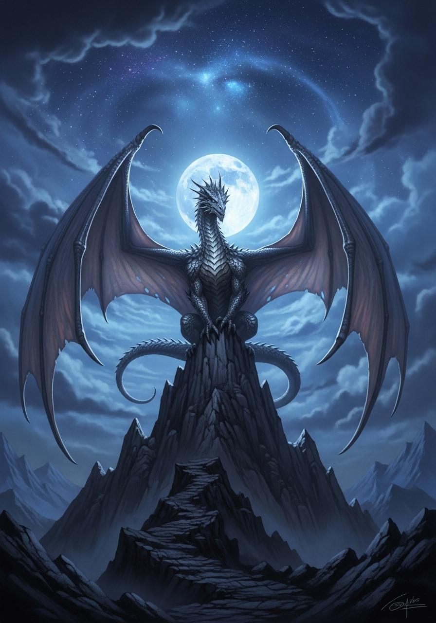 A breathtaking fantasy scene of a mighty dragon perched atop a jagged, craggy mountain peak, its massive wings spread wide in a commanding display of power. The dragon's shimmering scales glisten with an iridescent sheen, reflecting the silvery starlight and the ethereal glow of a radiant full moon hanging low in the sky. The background features a mystical night sky, awash in deep blues and purples, swirled with faint wisps of clouds and dotted with countless twinkling stars. The composition centers the dragon as the dominant focal point, framed by the rugged mountain terrain below, with a dramatic low-angle perspective that emphasizes its towering presence and majesty. The mood is awe-inspiring and otherworldly, evoking a sense of ancient magic and untamed strength, enhanced by the cool, serene ambiance of the moonlit night. Rendered in a highly detailed, epic fantasy art style reminiscent of classic sword-and-sorcery illustrations, with intricate textures on the dragon's scales, weathered stone of the mountain, and a painterly, atmospheric depth in the sky. Ultra-realistic lighting effects capture the interplay of moonlight and shadow, with a cinematic quality that brings the scene to life.