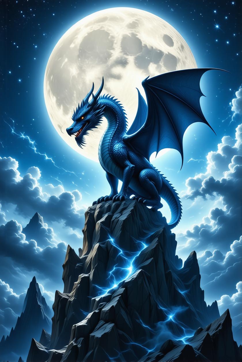 A breathtaking fantasy scene of a mighty dragon perched atop a jagged, craggy mountain peak, its powerful wings spread wide, catching the ethereal glow of a full moon. The dragon's shimmering scales glisten with iridescent hues of deep emerald and sapphire, reflecting the faint twinkle of starlight. The mystical night sky in the background is a mesmerizing blend of deep blues and rich purples, swirled with faint wisps of glowing nebulae and distant constellations. The composition centers the dragon as the dominant focal point, framed against the vast, otherworldly sky, with the camera angled slightly upward to emphasize its towering presence and majesty. The mood is enchanting and mysterious, evoking a sense of ancient power and wonder, with soft, silvery moonlight casting subtle shadows across the rugged mountain terrain. The atmosphere is crisp and still, with a hint of mist clinging to the lower slopes, enhancing the magical ambiance. Rendered in a highly detailed, epic fantasy art style reminiscent of classic oil paintings, with intricate textures on the dragon's scales and the rocky surface, and a cinematic depth of field that draws the viewer into this fantastical realm.