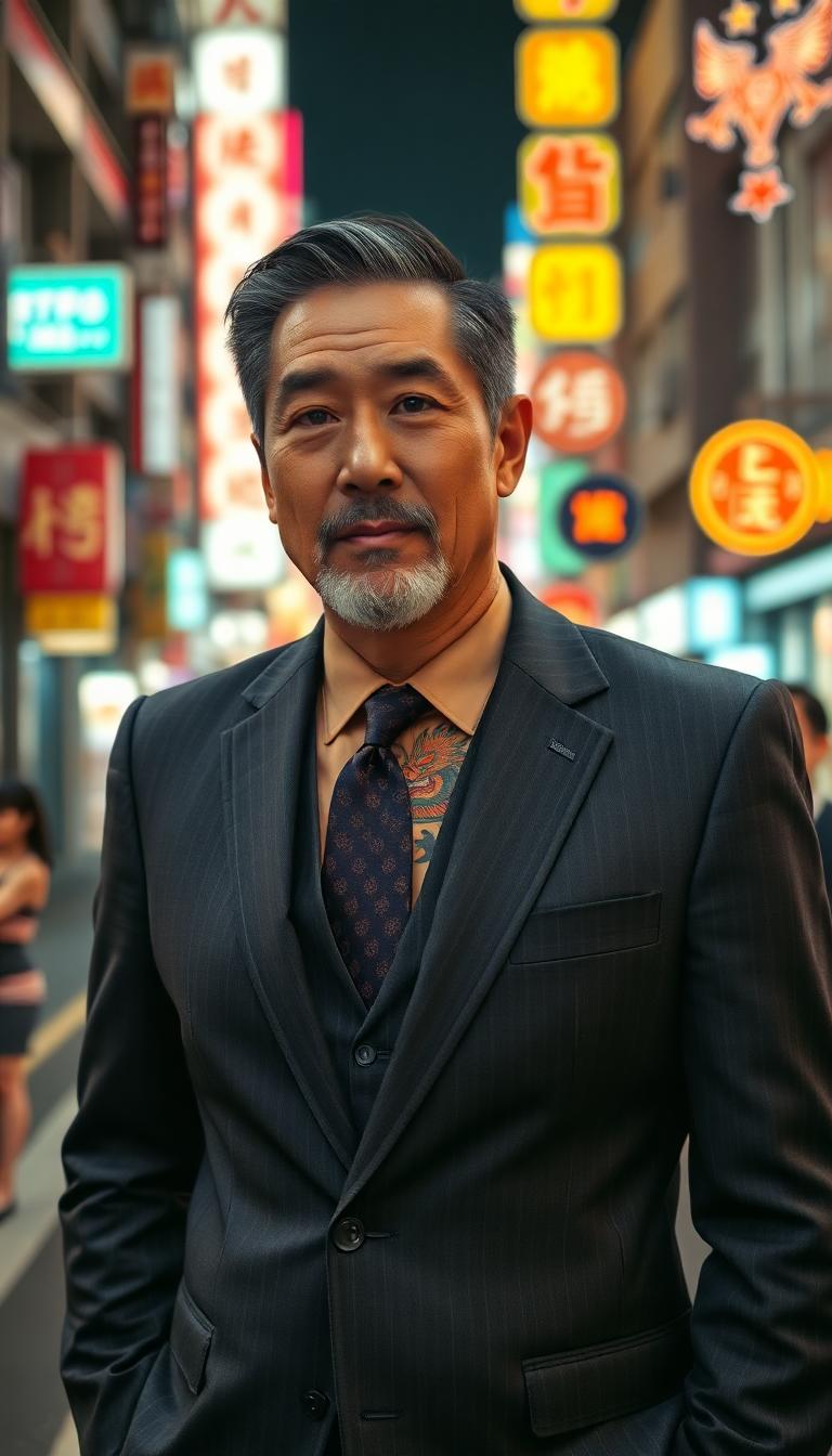 Mid 60s, athletic Japanese man. Dressed in a well tailored, expensive dark grey business suit. Well trimmed dark hair with grey streaks in it. He has a greying van dyke style beard and mustache. On the skin you can see he has brightly colored oriental dragon tattoos. He stands in a neon lit street in Tokyo at night