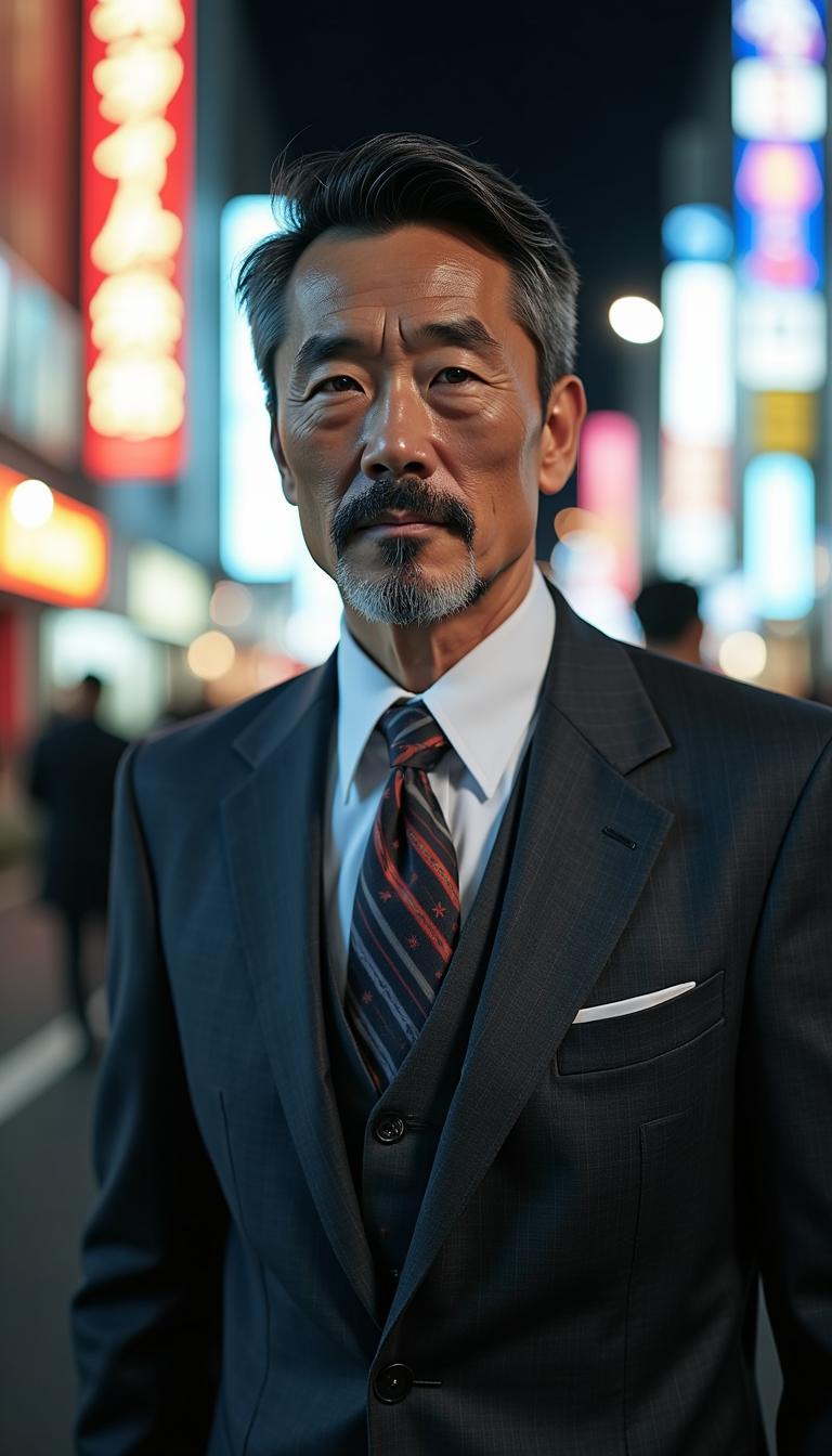 Mid 60s, athletic Japanese man. Dressed in a well tailored, expensive dark grey business suit. Well trimmed dark hair with grey streaks in it. He has a greying van dyke style beard and mustache. On the skin you can see he has brightly colored oriental dragon tattoos. He stands in a neon lit street in Tokyo at night