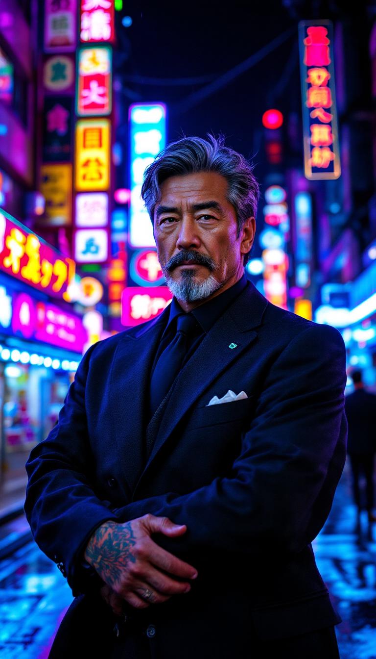 A mid-60s athletic Japanese man, exuding confidence and sophistication, standing on a vibrant neon-lit street in Tokyo at night. He wears a meticulously tailored, expensive dark grey business suit, the fabric smooth with a subtle sheen, accentuating his strong build. His well-trimmed dark hair is streaked with distinguished grey, neatly styled, and his face is adorned with a neatly groomed, greying Van Dyke beard and mustache, adding a refined yet rugged charm. Visible on his neck and hands are intricate, brightly colored oriental dragon tattoos, their vivid reds, greens, and golds contrasting sharply with his formal attire, hinting at a hidden rebellious spirit. The bustling Tokyo street around him is alive with glowing neon signs in electric blues, pinks, and purples, reflecting off wet pavement after a recent rain. The composition focuses on the man as the central figure, captured from a low-angle perspective to emphasize his commanding presence, with the chaotic energy of the city framing him in the background. The mood is a blend of mystery and urban grit, with a cinematic atmosphere enhanced by dramatic lighting—neon glows casting soft highlights on his face and suit, while deep shadows add depth and intrigue. The style is hyper-realistic with a touch of cyberpunk aesthetic, reminiscent of a high-definition film still, emphasizing sharp details, dynamic contrasts, and a glossy, wet urban texture.