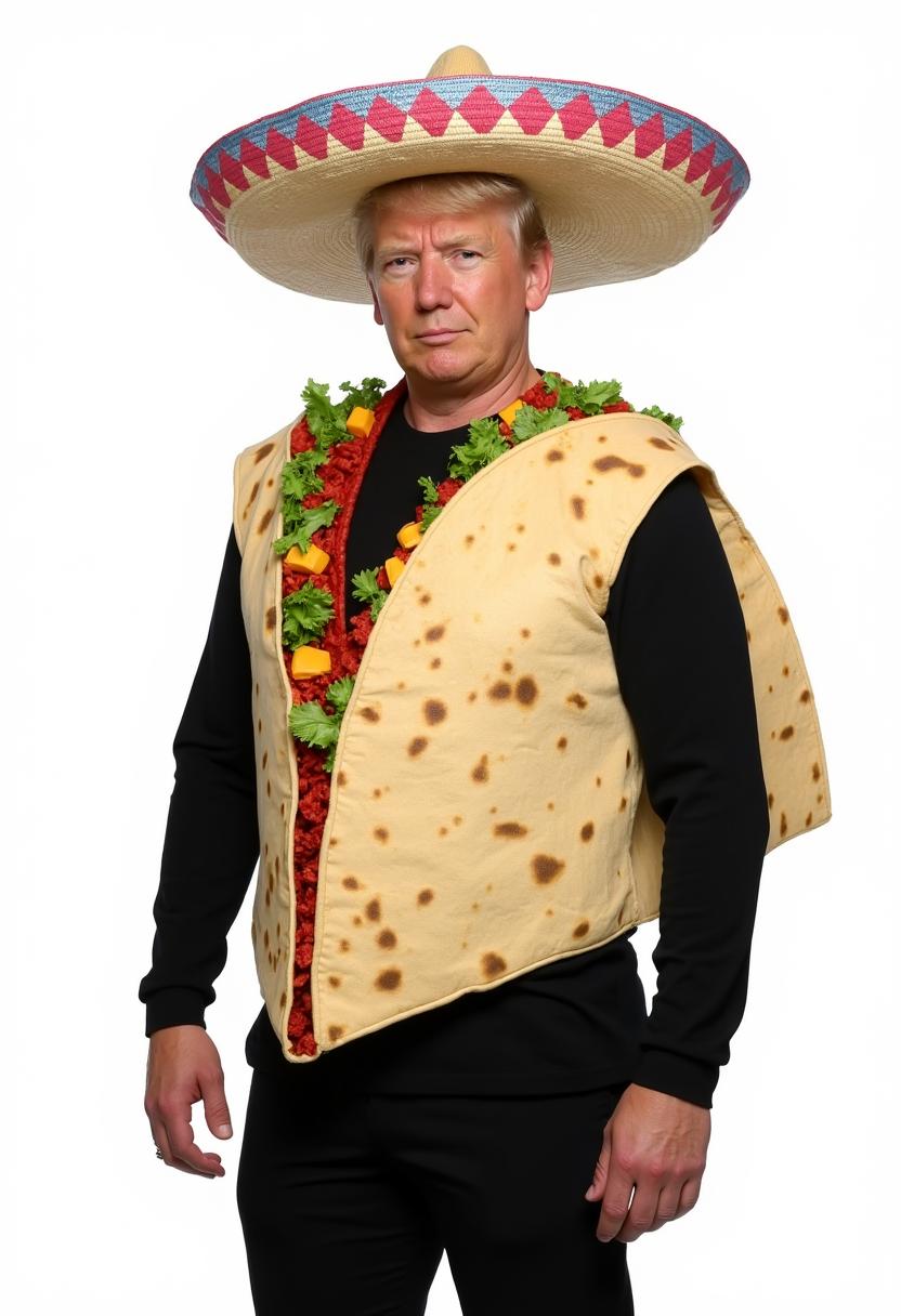 A portrait photo of a photo of MAGA, This image features an individual dressed in a humorous costume that creatively transforms them into a taco. The costume is designed to mimic the appearance of a taco with a large, textured, beigecolored taco shell on the front, which is draped over the torso, covering the chest and extending down to midthigh. The shell is detailed with realisticlooking brown speckles, simulating the texture of a corn tortilla.The costume also includes a red, green, and yellow filling that represents the traditional ingredients of a taco, such as seasoned ground meat, lettuce, and cheese. The red filling is spread across the back and sides of the costume, resembling the meat, while the green and yellow are scattered throughout, representing lettuce and cheese, respectively. The green lettuce pieces are crisp and leafy, and the yellow cheese is cut into small, irregular shapes.The person is wearing a black longsleeve shirt and black pants, which provide a stark contrast to the bright colors of the taco costume. They are also wearing a large, floppy straw sombrero hat, which is tilted to one side and held in place by a string around the head. The hat has a multicolored pattern, with stripes of pink, blue, and white, and a wide, flat brim.The background of the image is plain white, which makes the subject stand out prominently. The lighting is even and diffused, ensuring that the costume and the subject are welllit and clearly visible.The art style of the image is realistic with a touch of whimsy, as the costume is clearly a playful representation rather than a literal depiction of a taco. The medium appears to be a digital photograph, given the sharpness and clarity of the image. The colors are vibrant and saturated, with a focus on the bright hues of the taco costume, which draws the eye and emphasizes the humor of the situation.