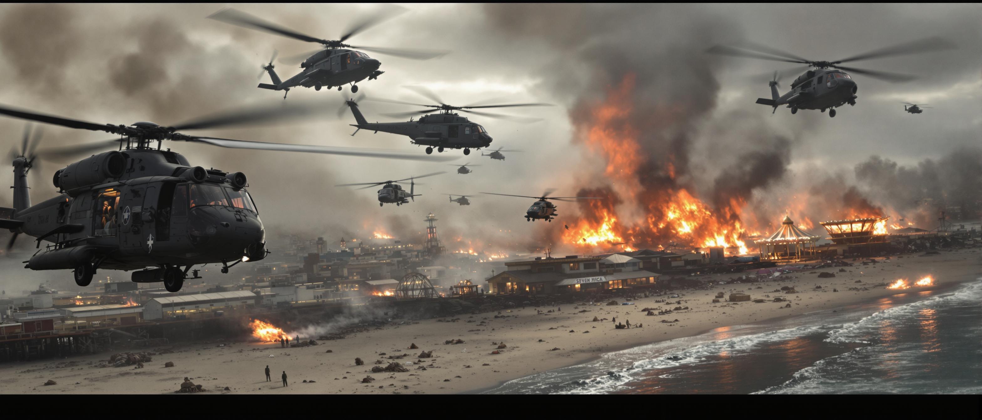 This image depicts a chaotic aerial scene, likely from a film or a highquality digital artwork, given the cinematic quality and composition. The medium appears to be a digital painting or a digitally manipulated photograph, as the sharpness and clarity of the details suggest a modern creation.The art style is cinematic with a touch of realism, utilizing dramatic lighting and shadow to create a sense of depth and movement. The scene is dominated by a series of military helicopters, which are the focal point of the composition. These helicopters are depicted in various stages of flight, with some in the foreground and others receding into the background, creating a sense of depth.The colors in the image are muted and earthy, with a predominance of grays, whites, and blacks, punctuated by the bright orange of fire and the occasional splash of color from the helicopters interiors. The smoke and fire add a sense of urgency and danger to the scene, while the overcast sky and the distant cityscape contribute to the overall somber and tense atmosphere.The objects in the image are primarily military helicopters, with their distinctive rotors and landing gear prominently displayed. There are also several fires burning on the ground, with plumes of smoke rising into the sky. The background features a cityscape with buildings and a Santa Monica pier and the carousel on fire, which is being attacked or is the source of the fires. The beach in the foreground is also affected by the chaos, with debris scattered across the sand and water, and the occasional fire burning near the shore.Overall, the image conveys a sense of war, destruction, and urgency, with a focus on the military helicopters as the agents of chaos and destruction. The use of lighting, shadow, and color enhances the dramatic effect, making the viewer feel as if they are witnessing the scene firsthand.