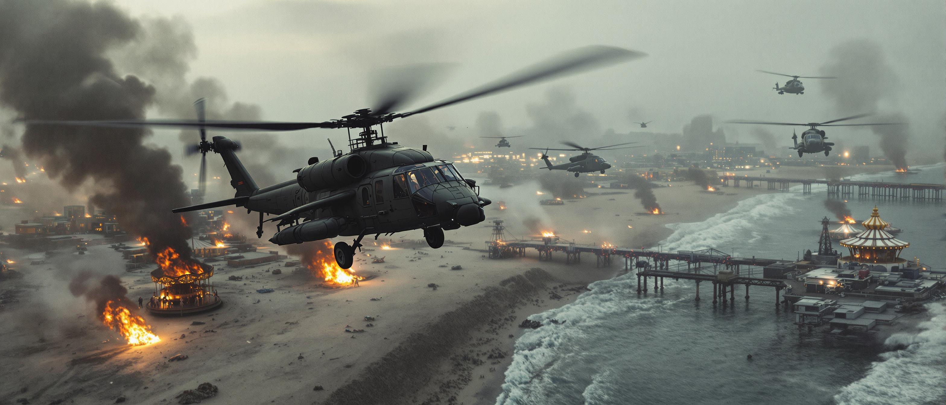 This image depicts a chaotic aerial scene, likely from a film or a highquality digital artwork, given the cinematic quality and composition. The medium appears to be a digital painting or a digitally manipulated photograph, as the sharpness and clarity of the details suggest a modern creation. The art style is cinematic with a touch of realism, utilizing dramatic lighting and shadow to create a sense of depth and movement. The scene is dominated by a series of military helicopters, which are the focal point of the composition. These helicopters are depicted in various stages of flight, with some in the foreground and others receding into the background, creating a sense of depth.The colors in the image are muted and earthy, with a predominance of grays, whites, and blacks, punctuated by the bright orange of fire and the occasional splash of color from the helicopters interiors. The smoke and fire add a sense of urgency and danger to the scene, while the overcast sky and the distant Los Angeles and Santa Monica cityscape contribute to the overall somber and tense atmosphere. The objects in the image are primarily military helicopters, with their distinctive rotors and landing gear prominently displayed. There are also several fires burning on the ground, with plumes of smoke rising into the sky. The background features a Santa Monica, California cityscape with buildings and a Santa Monica pier and the carousel on fire, which is being attacked or is the source of the fires. The beach in the foreground is also affected by the chaos, with debris scattered across the sand and water, and the occasional fire burning near the shore. Overall, the image conveys a sense of war, destruction, and urgency, with a focus on the military helicopters as the agents of chaos and destruction. The use of lighting, shadow, and color enhances the dramatic effect, making the viewer feel as if they are witnessing the scene firsthand.