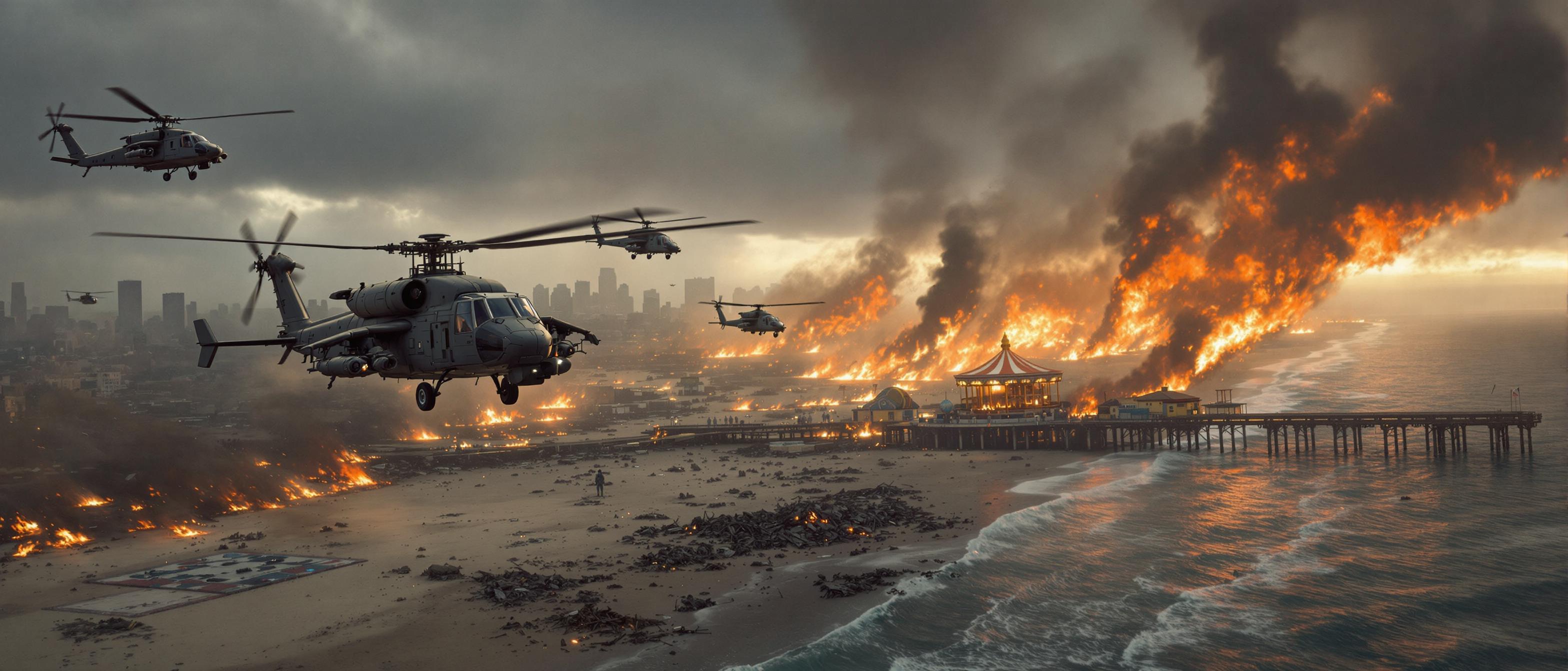 A breathtaking cinematic aerial scene of chaos and destruction over Santa Monica, California, rendered as a high-quality digital painting with hyper-realistic details and dramatic composition. The art style blends cinematic realism with intense, dynamic energy, utilizing stark contrasts of light and shadow to emphasize depth and movement. The focal point is a fleet of military helicopters in various stages of flight, dominating the foreground and receding into the background for a powerful sense of perspective, their rotors spinning with intricate mechanical detail, and their metallic surfaces reflecting muted light. The color palette is dominated by gritty, earthy tones of gray, white, and black, punctuated by vivid bursts of fiery orange from explosions and burning fires below, with subtle hints of color from the helicopters' interiors. Thick plumes of smoke rise chaotically into an overcast, brooding sky, casting a somber and tense atmosphere of war and urgency.

The composition is framed from a high aerial perspective, looking slightly downward to capture the sprawling destruction on the ground. In the foreground, the Santa Monica beach is littered with debris, scattered across the sand and lapping into the dark, turbulent water, with small fires burning sporadically near the shore. Further back, the iconic Santa Monica Pier and its historic carousel are engulfed in flames, with intense fire and smoke billowing upward, adding to the apocalyptic mood. The distant cityscape of Los Angeles and Santa Monica features towering buildings silhouetted against the gloomy sky, some partially obscured by smoke, enhancing the scale of devastation. The lighting is dramatic, with harsh, diffused sunlight breaking through the heavy clouds, casting long shadows and highlighting the texture of smoke, fire, and metallic helicopter surfaces.

The overall mood is one of relentless conflict and destruction, evoking a visceral sense of danger and immediacy, as if the viewer is witnessing a pivotal moment in a war-torn narrative. Technical details include a focus on photorealistic textures—gritty sand, reflective ocean water, and the rugged wear of military machinery—combined with a cinematic depth of field that keeps the helicopters sharply in focus while softly blurring the distant burning cityscape. This scene is a masterclass in controlled chaos, designed to immerse the viewer in a gripping, high-stakes moment of modern warfare.