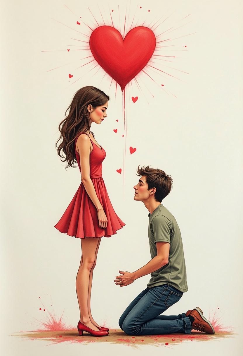 A carature of a woman, with weak knees, standing on her own two feet, in love, with a heart floating above her head, a man is in front of her, on one knee, bowed down, Conte crayon, vivid oils