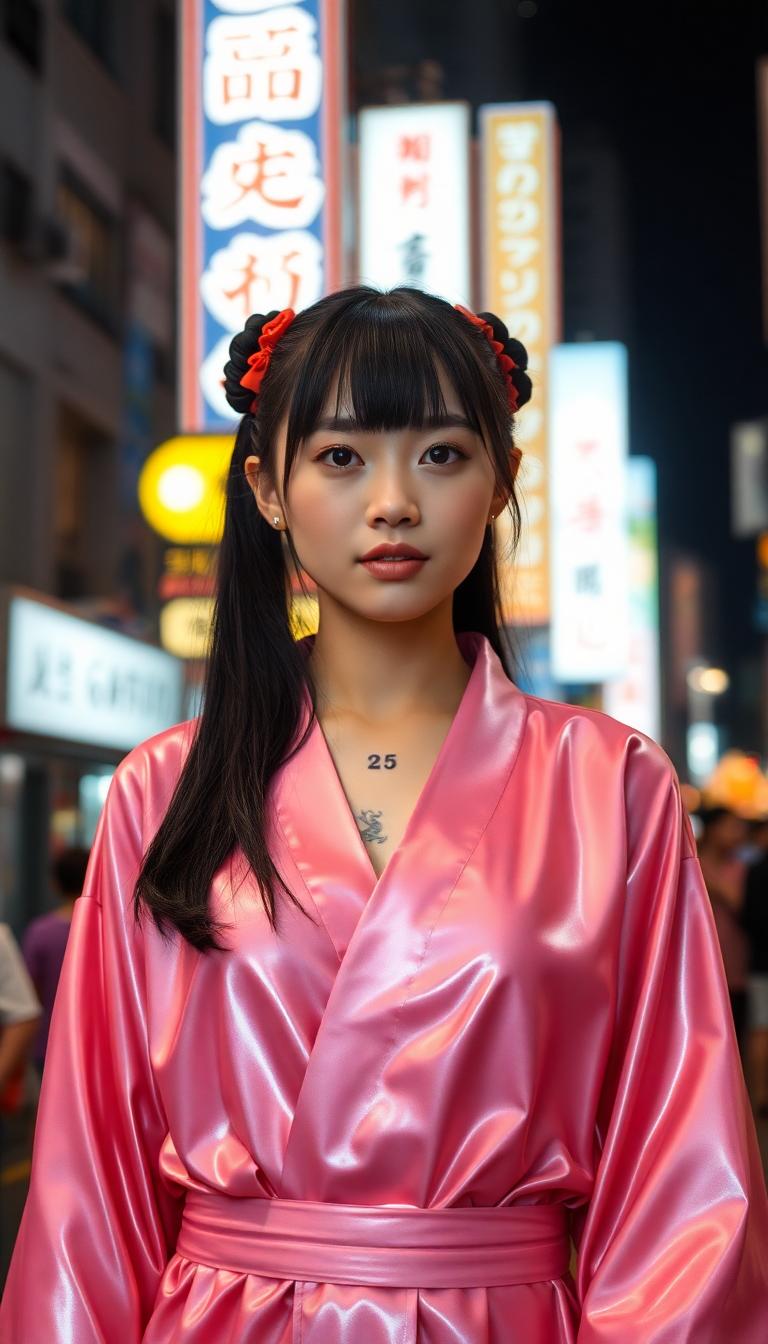 25 year old, Japanese woman. Long black hair in pigtails and straight bangs. Dressed in a shiny pink and red latex kimono. Standing in a neon lit Tokyo street at night. Her dragon tattoos can be seen just above the collar.