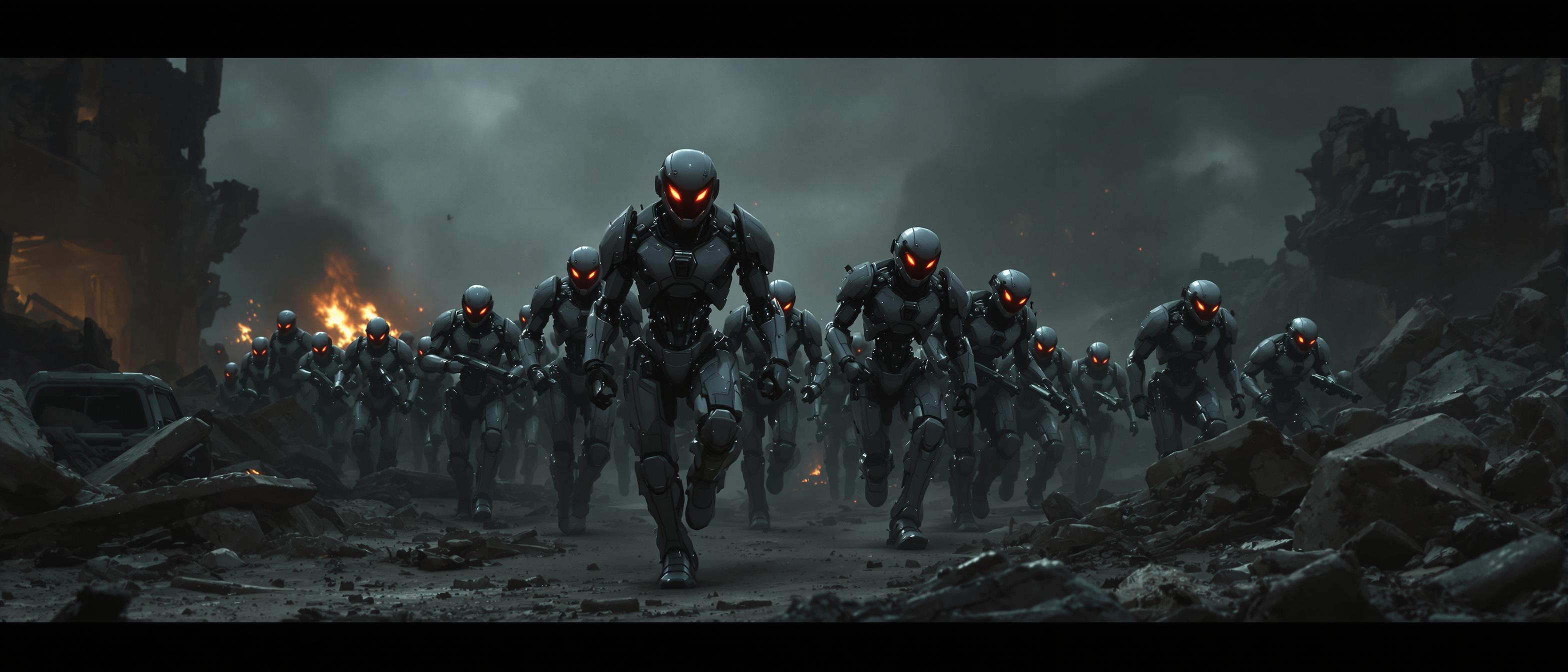 This image depicts a scene of a robotic army marching through a desolate, postapocalyptic landscape. The robots are humanoid in form, with metallic, armored exteriors that reflect the harsh, dim lighting of the environment. The robots are equipped with advanced weaponry and have red glowing eyes, which add a menacing quality to their appearance.The art style of the image is cinematic and highdefinition, with a focus on realistic lighting and shadow to create a sense of depth and drama. The medium appears to be a digital rendering, given the high level of detail and the smooth texture of the robots surfaces.The color palette of the image is dark and muted, with a predominance of grays, blacks, and browns. This color scheme enhances the feeling of desolation and decay in the environment. There are occasional sparks of orange and yellow from distant fires, which add contrast and highlight the chaos of the scene.The objects in the image include the robotic army, which are the central focus of the scene. They are accompanied by the ruins of buildings and vehicles, which further emphasize the apocalyptic setting. The ground is littered with debris and rubble, and the air is filled with dust and smoke, contributing to the overall feeling of destruction and abandonment.