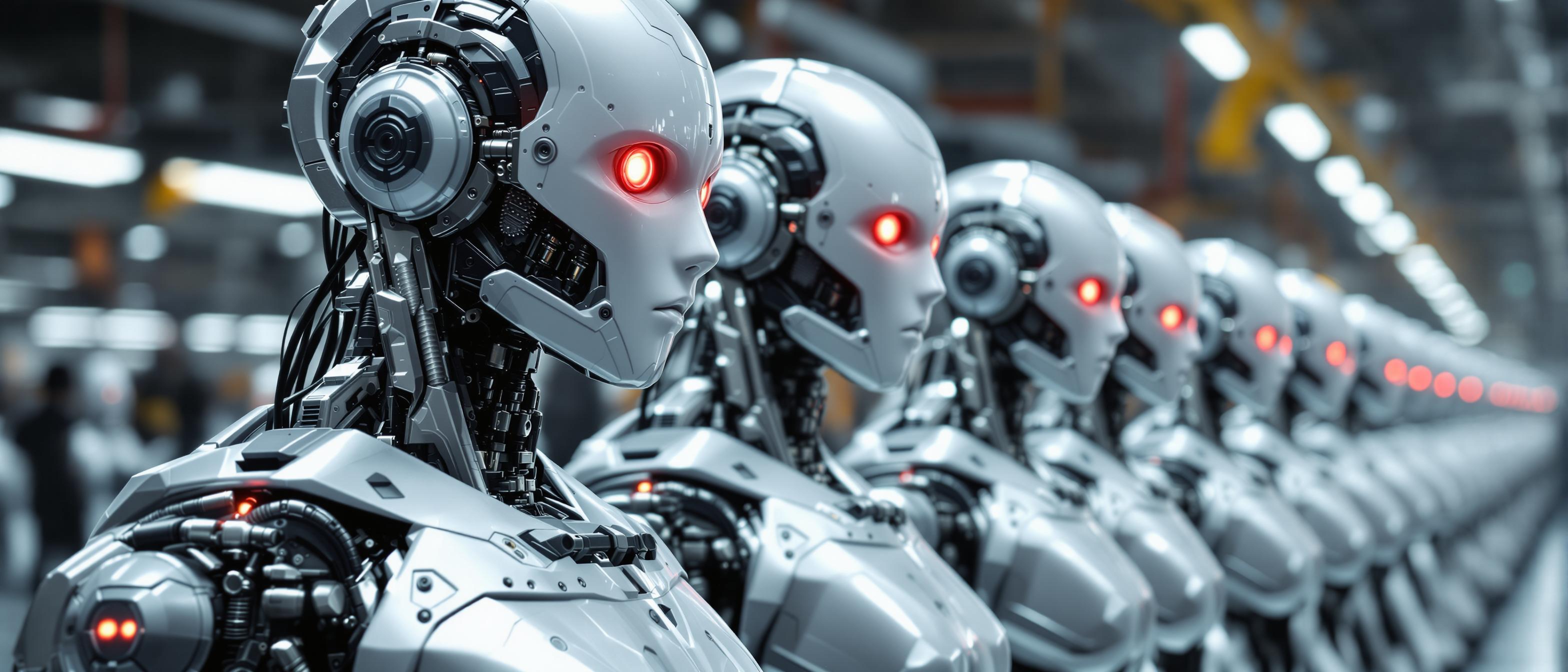 A row of humanoid robots stands in a futuristic factory setting, characterized by metallic bodies with intricate mechanical details. Their heads feature glowing red eyes, and they exhibit a realistic, human-like appearance. The background is filled with blurred silhouettes of additional robots, emphasizing a highly organized assembly line environment. The overall atmosphere is industrial and high-tech, with bright lighting illuminating the scene.