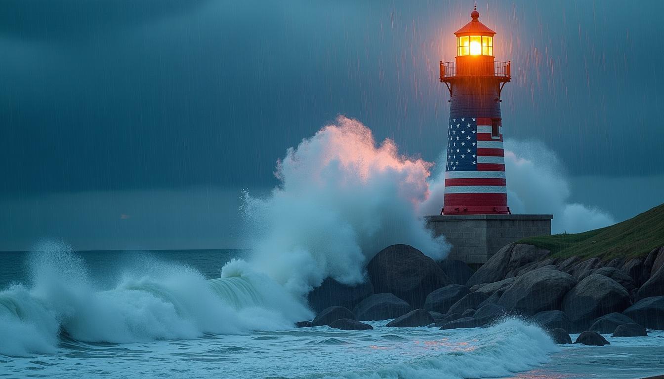 create a realistic photography that captures the powerful impact of a large wave crashing against Atlantic lighthouse painted in the American Flag  on a rainy night. Shot with an 8mm focal length and f11 brightness using a Canon lens, rendering realistic scenes.