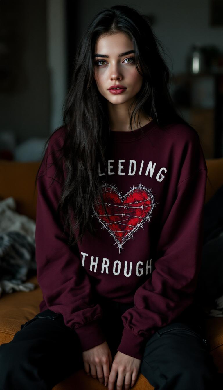 A cinematic photograph of a young, pale Irish woman with long, dark hair cascading straight down her back, a few messy strands with soft waves at the ends draped over her shoulders, adding a delicate texture. She has a 36C bust and wears a striking burgundy sweatshirt featuring a bold graphic design with the words "Bleeding Through" in a dramatic, horror-inspired font, alongside a heart wrapped in barbed wire. Her black cargo pants add a rugged contrast to the cozy setting. A subtle, thin bracelet adorns her left wrist, catching a faint glimmer of light. Her makeup is polished yet understated, with well-defined eyebrows, subtle eyeshadow, mascara enhancing her lashes, and a soft lipstick shade that complements her natural beauty.

The scene is set late at night in a slightly messy, cozy living room, providing an intimate and lived-in backdrop. A burnt orange couch serves as her seat, where she perches on the edge with a subtle, enigmatic smile. Her pose is introspective, hands resting on her knees, conveying a sense of quiet nervousness or anticipation. Behind her, a wall visible through a garage-door-style opening displays a couple of vintage 1970s concert posters, adding a nostalgic touch without overpowering the composition.

The lighting is low and cinematic, with a soft, even glow emanating from a nearby floor lamp and the flickering light of a television, casting warm, ambient tones across the scene. The illumination gently highlights her features from the front, creating a flattering, natural look while emphasizing the late evening atmosphere. The mood is intimate and slightly mysterious, with a balance of comfort and subtle tension.

Captured in a cinematic photography style, the composition focuses on a medium close-up shot, framing the woman centrally with the living room details softly blurred in the background to maintain focus on her expression and attire. The camera angle is slightly low, looking up to enhance her presence and evoke a sense of quiet strength. The overall image is rich in detail, with a focus on realistic textures, muted yet warm color tones, and a cohesive, immersive atmosphere that draws the viewer into this late-night moment.