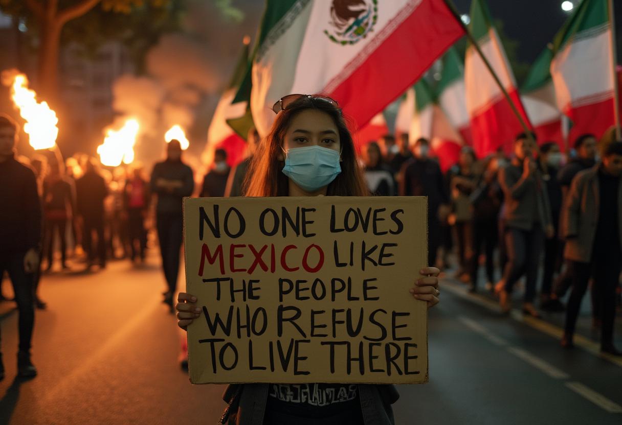 A young woman stands in the foreground holding a cardboard sign that reads, “NO ONE LOVES MEXICO LIKE THE PEOPLE WHO REFUSE TO LIVE THERE.” She is wearing a mask and dark clothing. In the background, a group of people is marching, carrying flags of Mexico and Iran, with flames visible, suggesting a protest or demonstration setting. The scene is set in a dimly lit urban environment.