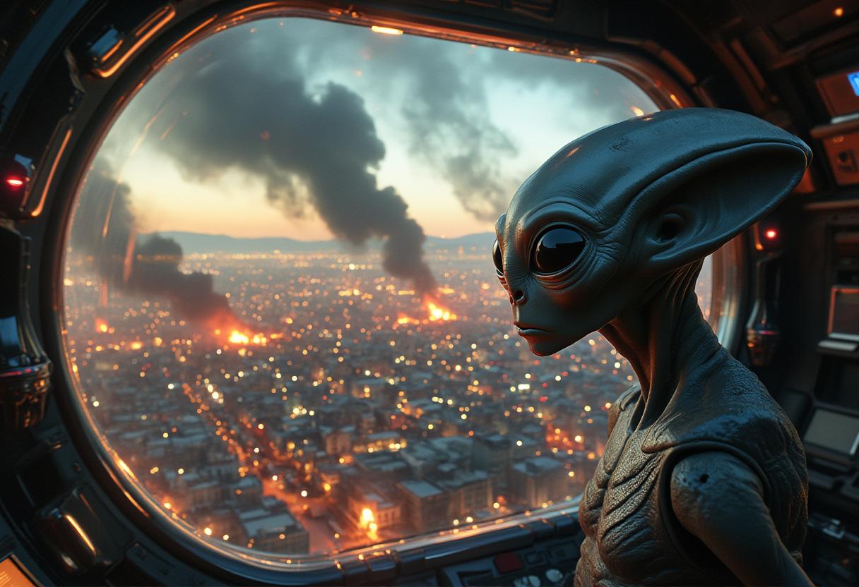 Create an image of an alien inside a futuristic spaceship, hovering just outside Earth's atmosphere. The alien, with large, curious eyes and a sleek, silver-grey complexion, gazes out through a transparent viewport at a chaotic scene below. Below the spaceship, the sprawling metropolis of Los Angeles is engulfed in flames, with billows of smoke rising and scattered fires illuminating the night sky. The city streets are filled with rioting and chaos, with buildings ablaze and people scrambling in desperation.

The alien, with a mix of curiosity and disdain on its face.  Text on the bottom of image reads: "Bypass, Earthlings are animals." sans serif font

The spaceship should be depicted with advanced, glowing technology and a sleek, otherworldly design. The Earth should appear both vibrant and ominous, contrasting the advanced alien technology with the primitive chaos unfolding on the planet's surface. The scene should evoke a sense of alien observation and detachment, emphasizing the stark contrast between Earth's turmoil and the alien's advanced civilization