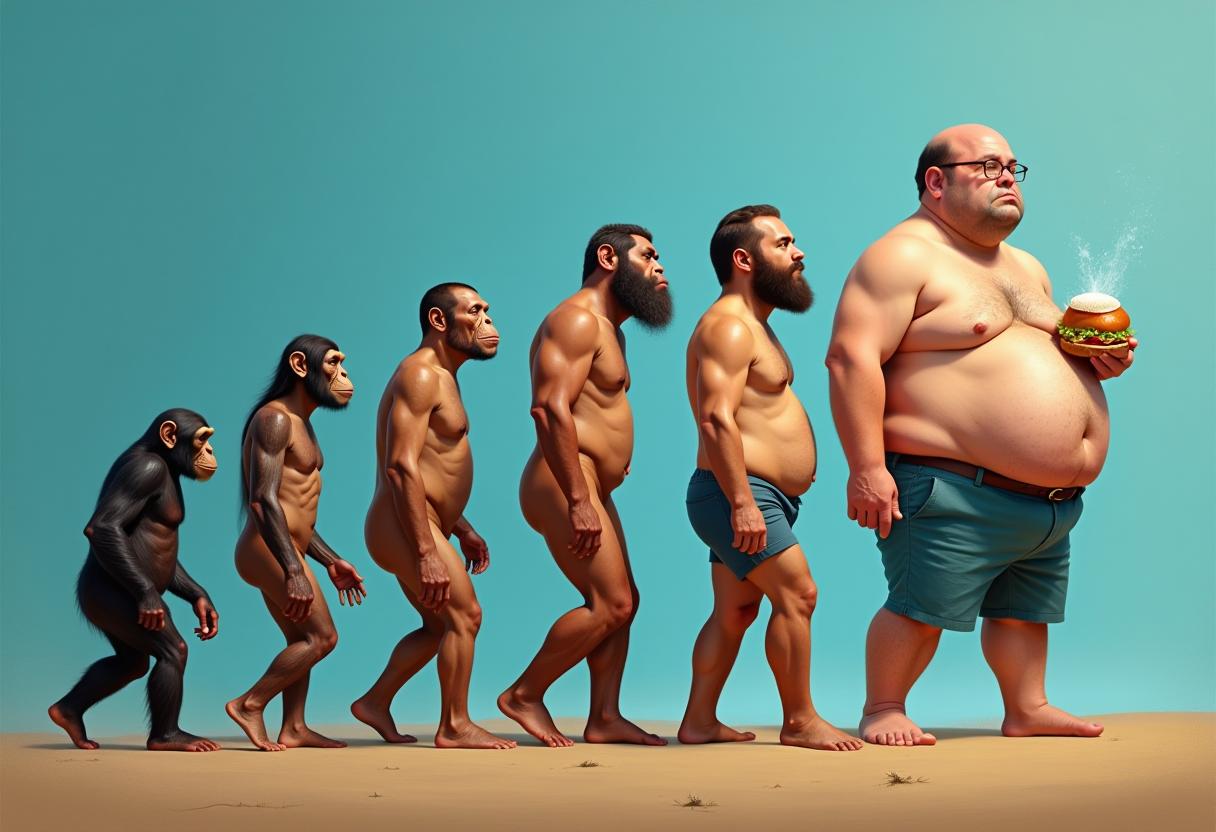The image titled "EVOLUTION OF MAN" satirically depicts human evolution from a chimpanzee to a modern, overweight figure holding a burger and beer. With muted earthy tones and a gradient blue background symbolizing life's transition from sea to land, the digital painting blends realism and caricature. Each figure humorously holds objects symbolizing modern vices, critiquing humanity's shift toward indulgence and sedentary lifestyles. The style is hyper-realistic