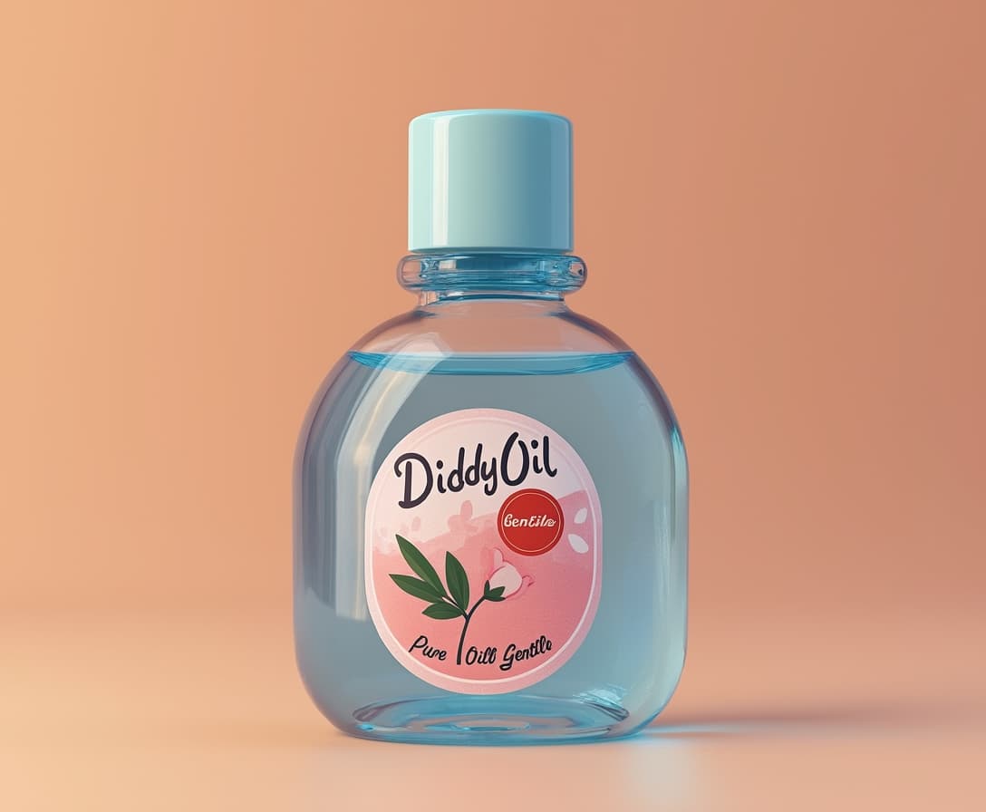 This photo features a transparent, blue glass bottle with a light blue cap, against a warm peach background. The bottle is filled with a clear liquid, text label reads "Diddy oil" in script as indicated by the label. The label is a circular design with a pink background and a white border. Inside the circle, there is a stylized image of a pink flower with a green stem, and a red seal with white text that reads Pure Gentle. hyper-realistic hd 8k
