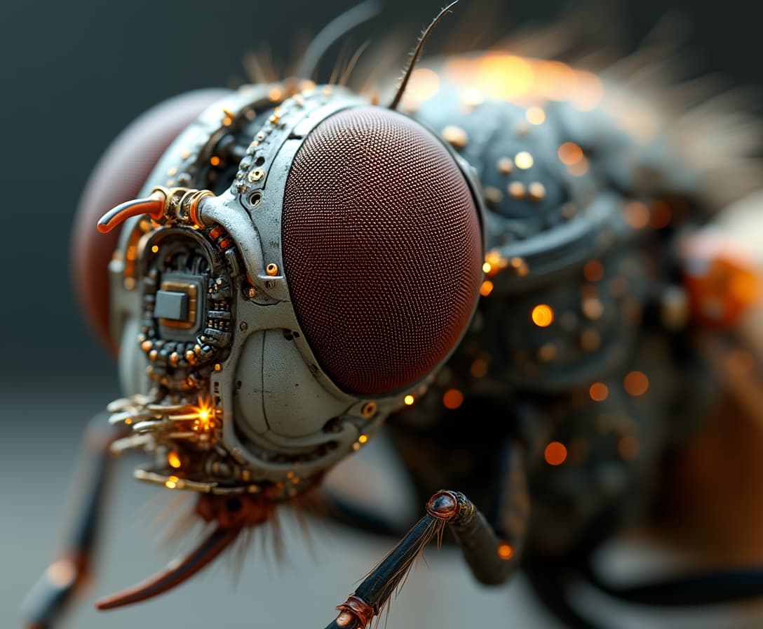 Ultra-realistic portrait of a bionic Drosophila fly head, showcasing intricate micro-computer components, circuits, LEDs, and sensors. The eyes, multi-layered with optical depth, reflect light dramatically. The head’s texture blends organic forms with smooth metallic surfaces and detailed natural patterns. Soft lighting and a blurred background enhance focus on its technology-rich structure.