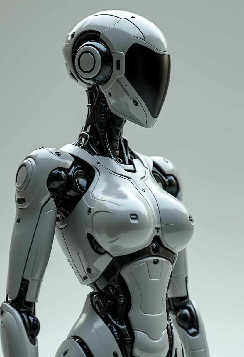 This 3d image showcases a sleek, futuristic full body female humanoid robot with a silver and black color scheme. Its design highlights detailed, segmented plates and articulated joints, giving it a muscular yet flexible appearance. The head features a smooth, reflective black visor, adding a mysterious touch. The robot’s complex, segmented arms, torso, and legs display realism and dexterity, while a softly lit background accentuates its intricate, three-dimensional design.