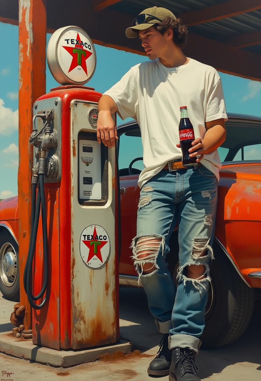 hyperrealistic hyperdetailed acrylic alcohol ink of a young man leaning against an old antique Texaco Star gas pump machine wearing ripped jeans a white t-shirt, black boots, dark brown hair with baseball cap, he has a greasy rag sticking out of his front pocket. he is holding a bottle of ice cold coca cola in one hand, background of old car at service station. He is taking a break from working on his car. painterly