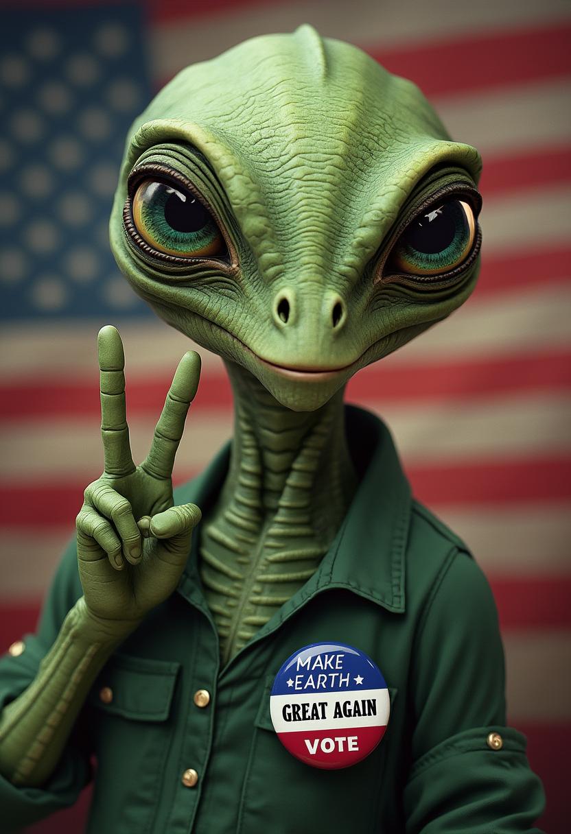 This digital artwork features a reptilian humanoid alien with expressive eyes, rough green skin, and a pronounced forehead ridge. Dressed in a green shirt with an American flag, a button with text "MAKE EARTH GREAT AGAIN" pin, clean text, the alien peace sign. The background US Flag, US Election VOTE