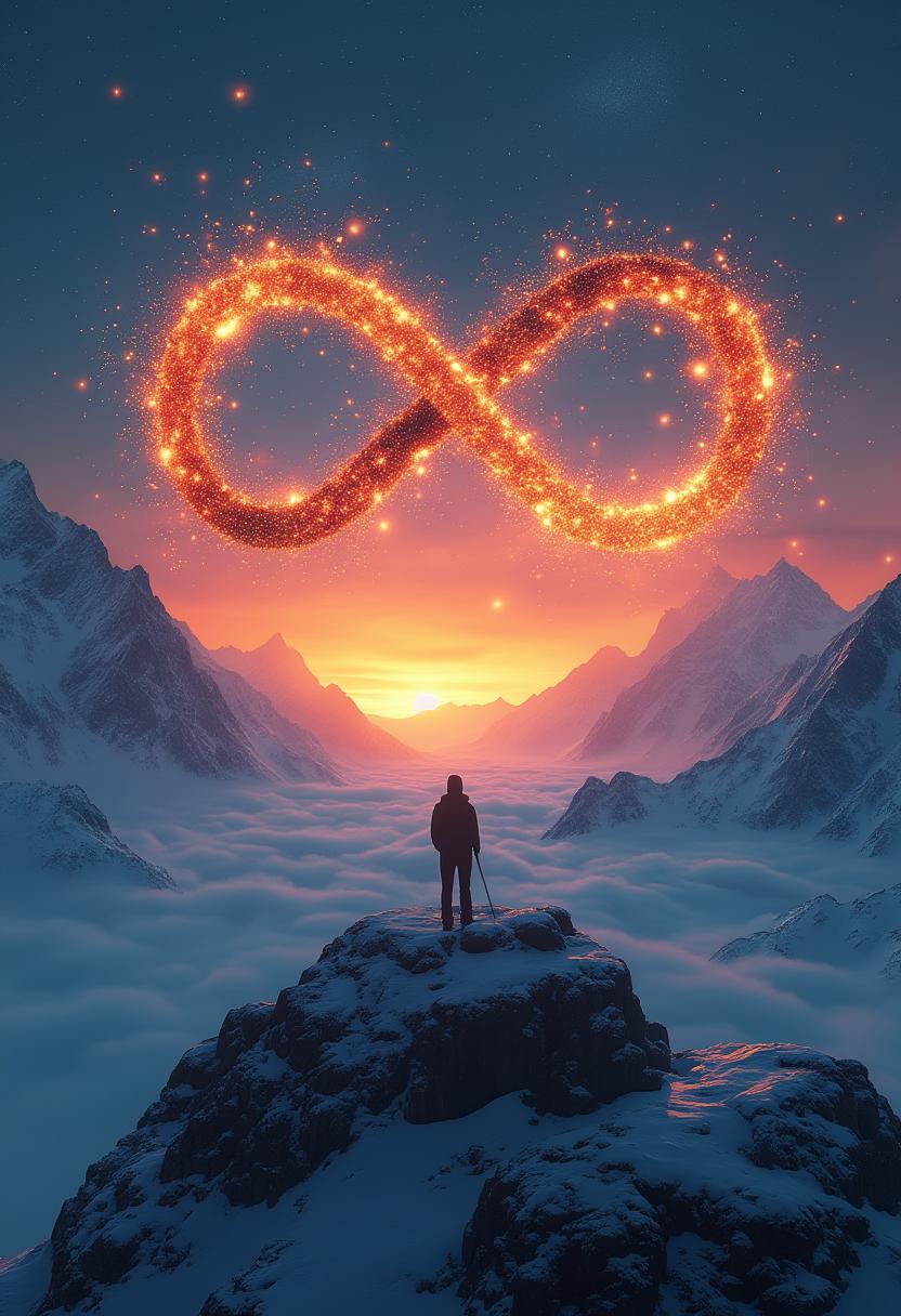 This digital artwork blends surrealism and cosmic fantasy, capturing awe and contemplation. It features a lone figure silhouetted against twilight hues, standing on a rocky outcrop. The sky transitions from navy to orange, highlighting a glowing infinity symbol made of fiery particles. Snow-covered mountains and stars add depth, with rich blues and oranges evoking contrasts of cold and warmth. The scene symbolizes the human quest for knowledge against a vast, cosmic backdrop.