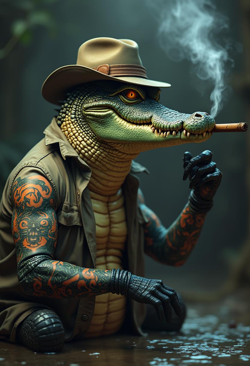 a raw photo of a detective alligator with tattoo sleeves, looking for clues in a crime scene, smoking a cigar. Very shady almost creepy looking alligator with a hat and shirt unbuttoned. 8K, VERY HIGH QUALITY