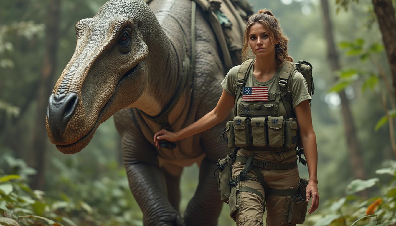 A hyper-realistic image of a U.S. soldier in her late 30s, with a calm and determined expression, walking beside a massive paraceratherium, a giant prehistoric mammal. The creature’s long neck and towering body are adorned with lightweight tactical gear, including a USA flag harness. The soldier confidently places her hand on the animal’s leg as they move forward, capturing the towering majesty of the creature and the soldier’s quiet strength. in Jungle