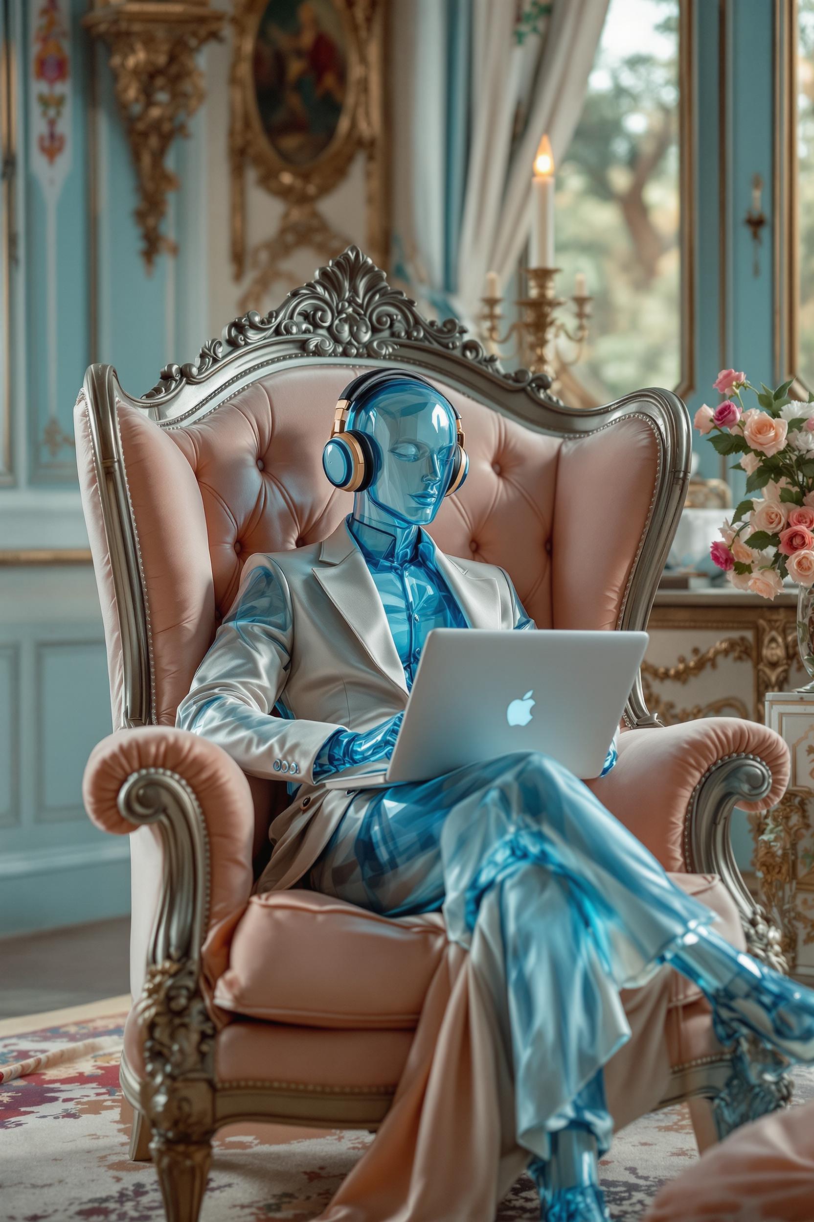 Glass clear figure of David in blue peach pastel color with macbook and headphones sits in an exquisite 18th century satin armchair in a bohemian chic castle . The mood is fantastic. The photo was taken as if on a wide-angle format in the iPhone