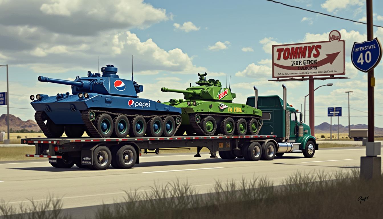This image depicts a scene at a truck stop, with a focus on a large flatbed truck carrying two armored vehicles. The vehicles are adorned with prominent logos one is blue with the Pepsi logo, and the other is green with the Mountain Dew logo. The truck is equipped with a set of dual rear axles and large tires, typical of heavyduty transport vehicles.The armored vehicles are designed to resemble military tanks, with a turretlike structure on top of each vehicle. The Pepsi tank has a red, white, and blue color scheme, while the Mountain Dew tank has a green and white color scheme. Both tanks have a realistic design, with details such as headlights, wheels, and tracks, although they are clearly not operational military vehicles.The truck stop setting includes a gas station with a pump nozzle visible in the foreground. There are also road signs indicating the direction to Interstate 40, and a billboard advertising TOMMYS with an arrow pointing to the left, suggesting the location of the truck stop. The sky is partly cloudy, and the overall lighting suggests it might be either morning or late afternoon.The art style of the image is realistic with a touch of surrealism, as the armored vehicles are not typically seen in such a commercial setting. The medium appears to be a photograph, given the realistic rendering of textures and shadows. The colors are bright and vivid, with the blue and green tanks standing out against the muted tones of the truck stop environment.The objects in the image include the flatbed truck, the two armored vehicles, road signs, a gas pump, and the billboard advertising TOMMYS. The presence of these objects creates a narrative of transportation and commercial activity at the truck stop.