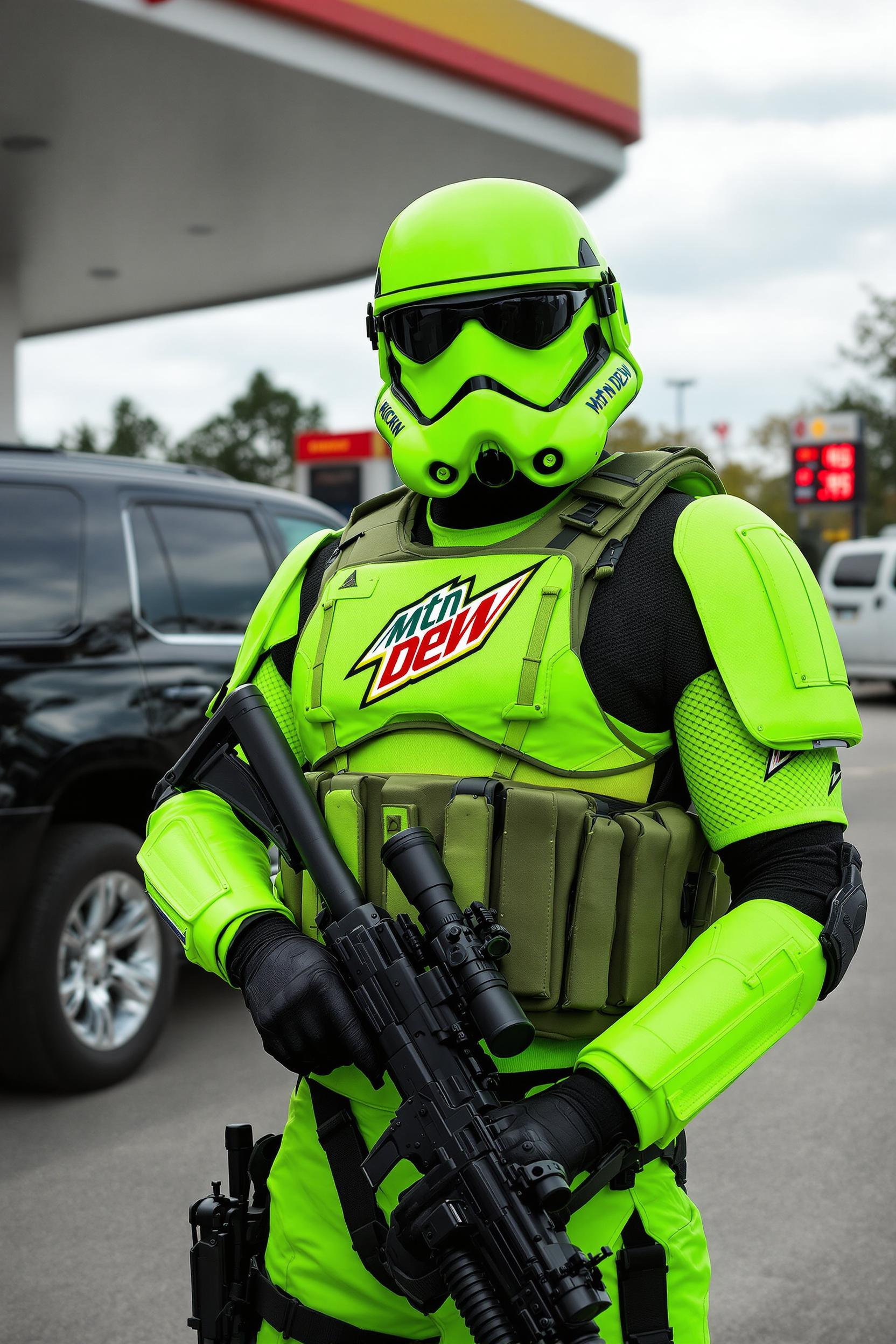 This image features an individual dressed in a striking neon green tactical stormtrooper outfit, which includes a helmet, a bulletproof vest, and padded armor on the shoulders and arms. The outfit is adorned with the Mtn Dew logo prominently displayed across the chest. The person is also wearing black gloves and sunglasses, and is holding a black rifle with a scope.The setting appears to be a gas station or a similar commercial area, given the presence of a gas pump canopy in the background, with a red and white sign indicating the price of gas. There are various vehicles parked in the vicinity, including a black SUV to the left and a white van in the background. The sky is overcast, and the clouds are scattered, suggesting a cloudy day.The art style of the image is realistic, with attention to details such as the textures of the clothing and the reflective surfaces of the vehicles. The medium seems to be a digital photograph, given the sharpness and clarity of the image. The colors are vivid, with the neon green of the outfit standing out against the more subdued tones of the surroundings. The overall mood of the image is somewhat intense, due to the presence of the militarystyle attire and the weapon being held.