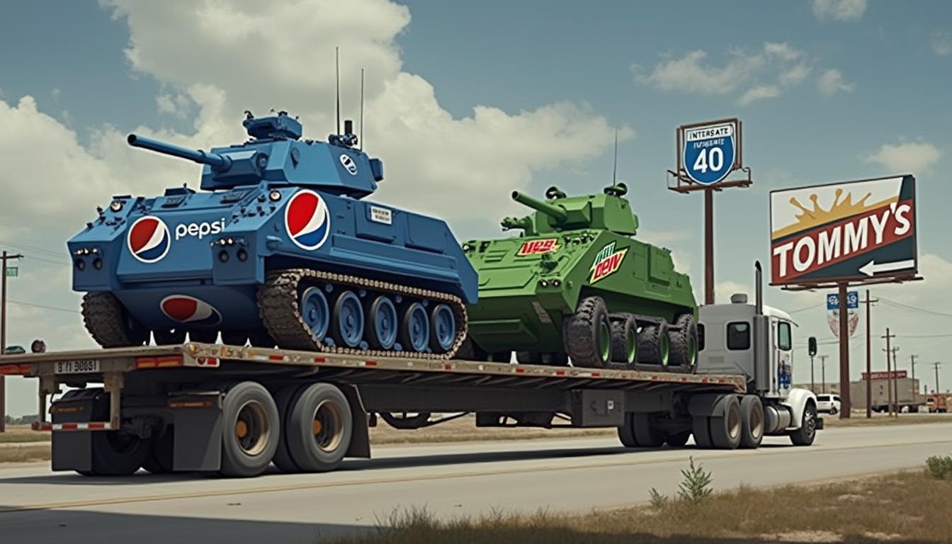 This image depicts a scene at a truck stop, with a focus on a large flatbed truck carrying two armored vehicles. The vehicles are adorned with prominent logos one is blue with the Pepsi logo, and the other is green with the Mountain Dew logo. The truck is equipped with a set of dual rear axles and large tires, typical of heavyduty transport vehicles.The armored vehicles are designed to resemble Armored vehicle, with a turretlike structure on top of each vehicle. The Pepsi tank has a red, white, and blue color scheme, while the Mountain Dew tank has a green and white color scheme. Both tanks have a realistic design, with details such as headlights, wheels, and tracks, although they are clearly not operational military vehicles.The truck stop setting includes a gas station with a pump nozzle visible in the foreground. There are also road signs indicating the direction to Interstate 40, and a billboard advertising TOMMYS with an arrow pointing to the left, suggesting the location of the truck stop. The sky is partly cloudy, and the overall lighting suggests it might be either morning or late afternoon.The art style of the image is realistic with a touch of surrealism, as the armored vehicles are not typically seen in such a commercial setting. The medium appears to be a photograph, given the realistic rendering of textures and shadows. The colors are bright and vivid, with the blue and green tanks standing out against the muted tones of the truck stop environment.The objects in the image include the flatbed truck, the two armored vehicles, road signs, a gas pump, and the billboard advertising TOMMYS. The presence of these objects creates a narrative of transportation and commercial activity at the truck stop.