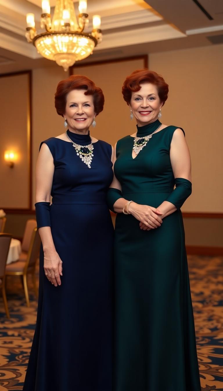 Two 68-year old women, standing side by side. They are identical twins.  Dressed in identical high neck evening gowns, one in dark blue the other in dark green. Elbow length gloves. Jewelry on their necks, ears and wrists that match the colors of their gowns. Their dark red hair is set in an elegant complex updo. Standing in an elegant hotel ballroom 