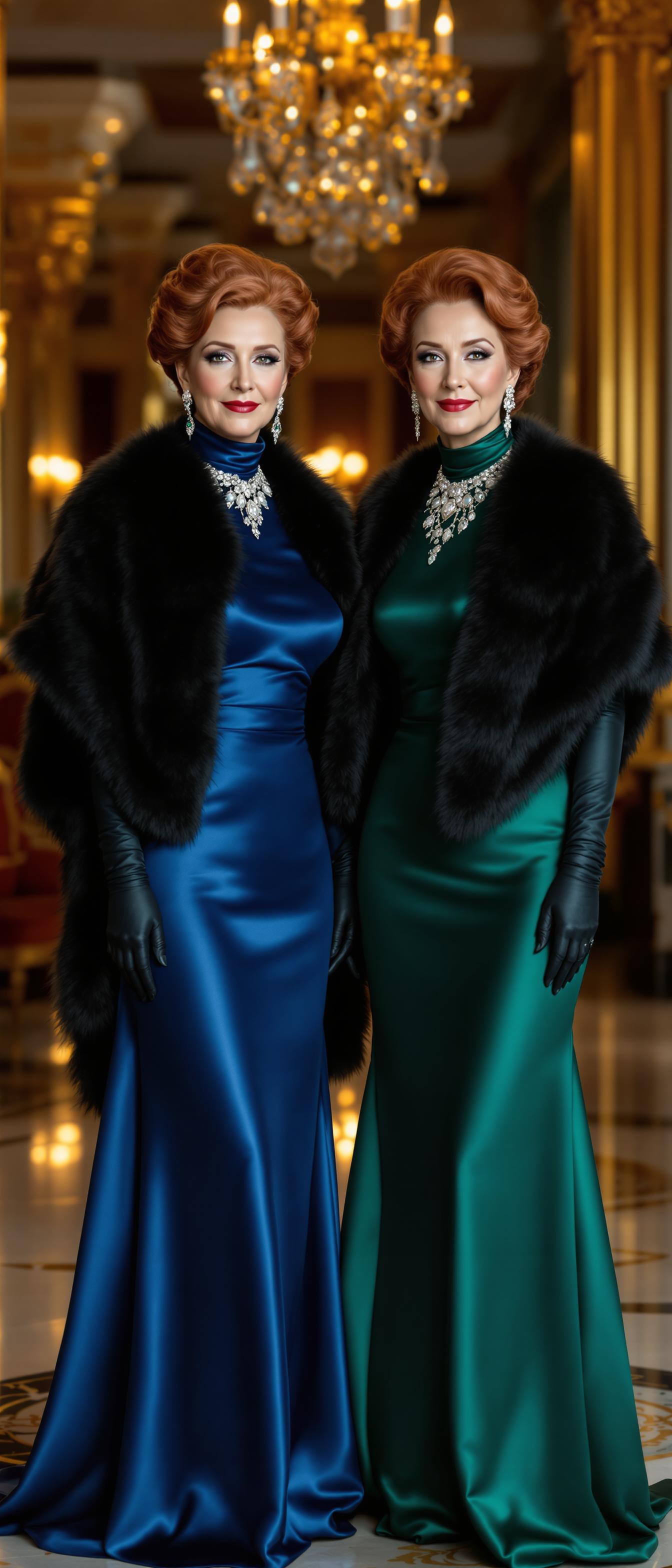 A stunning portrait of two 68-year-old identical twin women standing side by side, exuding timeless elegance. They are dressed in matching high-neck, shiny satin evening gowns, one in a deep, rich dark blue and the other in a luxurious dark green, the fabric catching the light with a subtle sheen. Their attire is complemented by elbow-length gloves in coordinating tones, enhancing their sophisticated appearance. Adorning their necks, ears, and wrists is exquisite jewelry, meticulously chosen to match the color of each gown—sapphire-hued gems for the blue dress and emerald accents for the green. Their dark red hair is styled in an intricate, elegant updo, with delicate curls and twists that frame their faces with grace. The scene is set in an opulent hotel ballroom, featuring grand crystal chandeliers casting a warm golden glow, polished marble floors reflecting the light, and ornate gilded detailing on the walls. The composition focuses on the twins as the central subjects, captured from a slightly low angle to emphasize their commanding presence, with the ballroom's grandeur subtly blurred in the background. The mood is one of refined sophistication and quiet confidence, bathed in soft, ambient evening light that enhances the luxurious textures and colors. Rendered in the style of a high-end fashion photography editorial, with meticulous attention to detail, sharp focus on the subjects, and a cinematic depth of field. They both wear black mink stoles