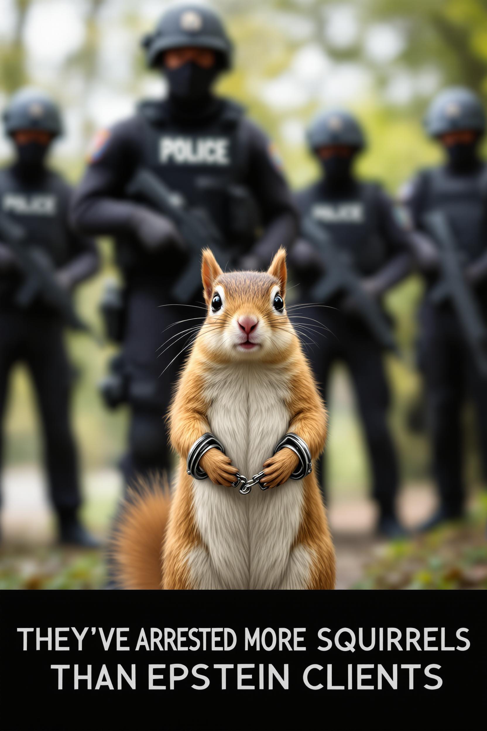 A surreal and humorous digitally altered photograph featuring a dramatic outdoor scene. In the foreground, a small squirrel stands upright on its hind legs, its brown fur detailed with soft, realistic textures. The squirrel wears a pair of tiny black handcuffs on its wrists, its face captured mid-expression with wide eyes and a mix of surprise and defiance. In the background, a group of armed police officers in full tactical gear—black helmets, bulletproof vests, and rifles—stand in a commanding formation, their presence imposing and serious. The setting is a natural outdoor environment, with soft, blurred greenery and earthy tones dominating the palette, contrasted by the stark black and grey of the officers’ gear. Natural daylight bathes the scene, casting subtle shadows and highlighting the textures of the squirrel’s fur and the officers’ equipment. The composition is dynamic, with the squirrel centered in the foreground at a low camera angle, emphasizing its small yet defiant stance against the towering, out-of-focus officers in the background. The mood blends tension and absurdity, juxtaposing the gravity of a police operation with the whimsical, humanlike predicament of the squirrel. A bold text overlay at the bottom reads "THEY'VE ARRESTED MORE SQUIRRELS THAN EPSTEIN CLIENTS" in crisp white font over a semi-transparent black background, adding a sharp satirical edge. The image is crafted in a hyper-realistic digital photography style, with meticulous attention to detail in the editing of the handcuffs and expressions, ensuring a seamless blend of reality and surreal humor.