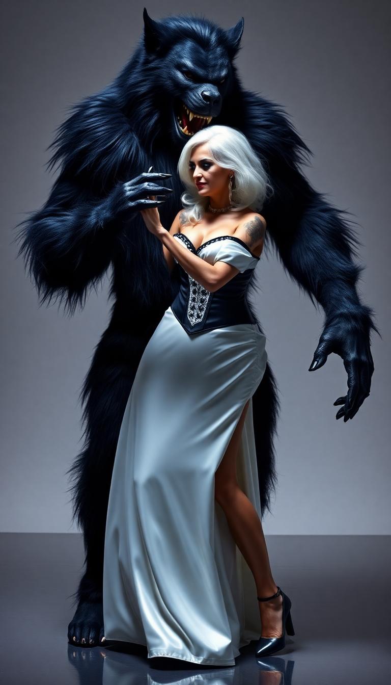 7 foot tall black furred werewolf. dancing with a 5'9" tall 45 year old woman with white hair, dressed in a floor length shiny white latex ballgown and corset. 