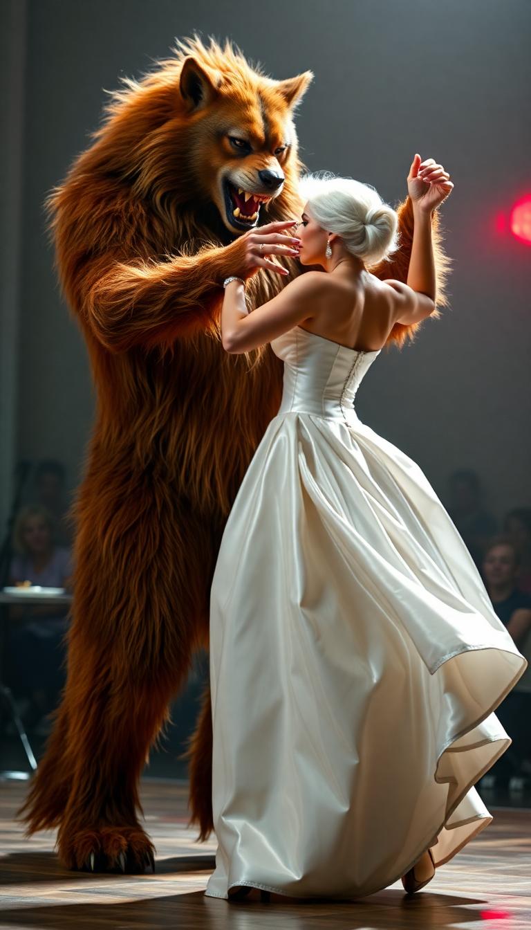 7 foot tall russet furred werewolf. dancing with a 5'9" tall 45 year old woman with white hair, dressed in a floor length shiny white latex ballgown and corset. 