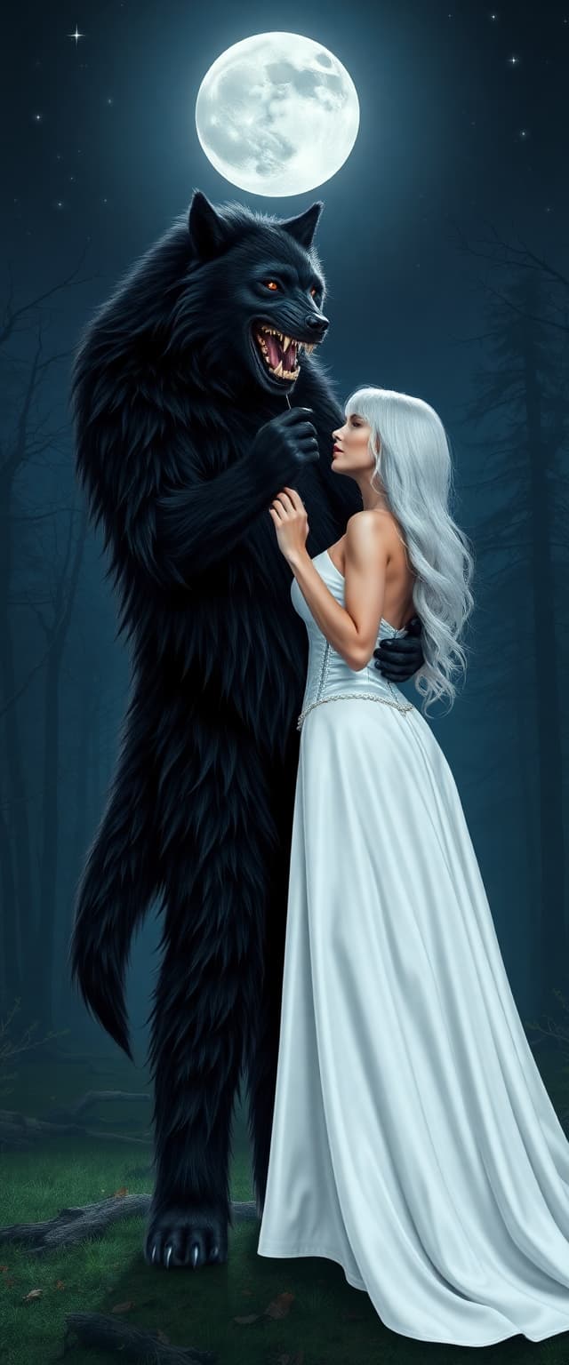 7 foot tall black furred werewolf. dancing with a 5'9" tall 45 year old woman with white hair, dressed in a floor length shiny white latex ballgown and corset. Standing in a quiet, moonlit forest vale. Full moon and stars above in the nightsky