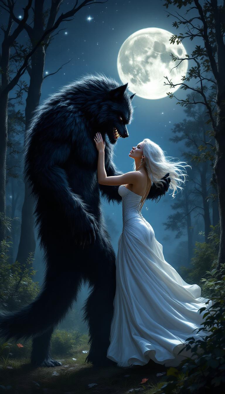 7 foot tall black furred werewolf. dancing with a 5'9" tall 45 year old woman with white hair, dressed in a floor length shiny white latex ballgown and corset. Standing in a quiet, moonlit forest vale. Full moon and stars above in the nightsky