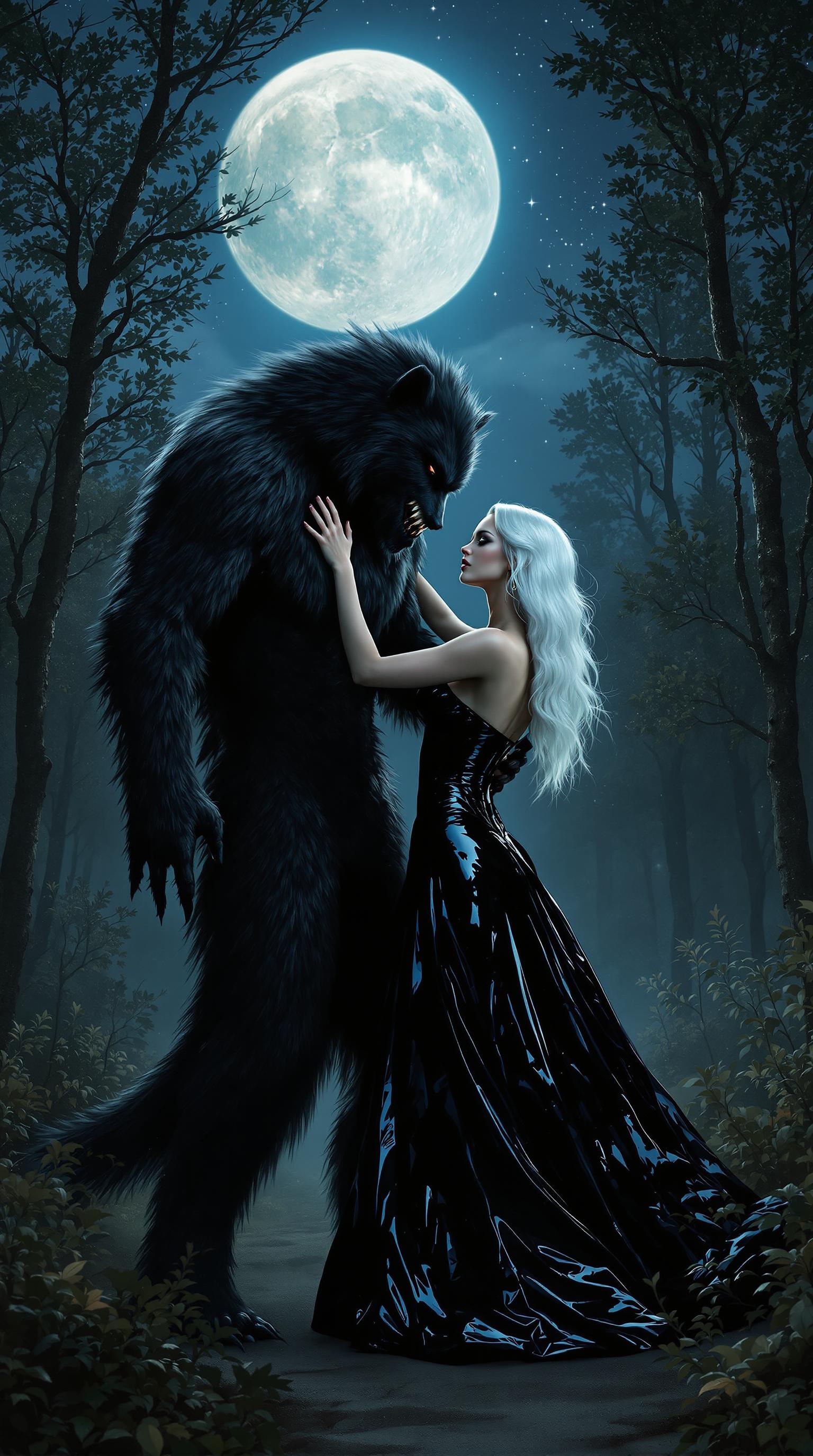 7 foot tall black furred werewolf. dancing with a 5'9" tall 45 year old woman with white hair, dressed in a floor length shiny black latex ballgown and corset. Standing in a quiet, moonlit forest vale. Full moon and stars above in the nightsky