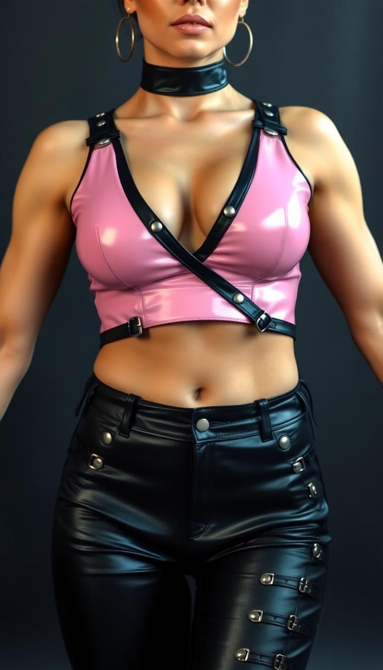Muscled female, built and toned, dressed in skintight shiny black leather pants decorated by straps and silver metal buckles all along the sides. Over her buxom torso she wears a shiny pink latex vest. A thick black leather collar around her neck