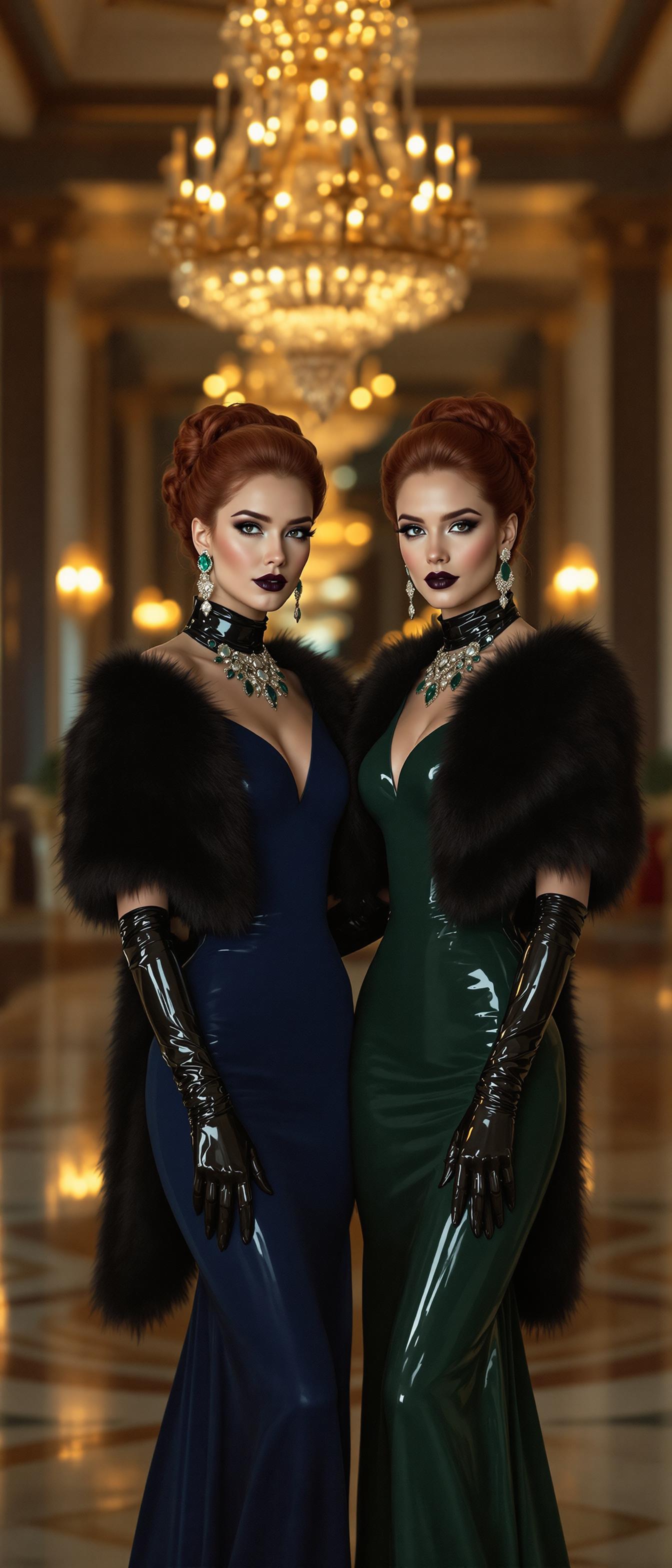 A breathtaking portrait of two 48-year-old identical twin women standing side by side, radiating timeless elegance and poise. They wear matching high-neck, shiny latex evening gowns, one in a deep, rich dark blue and the other in a luxurious dark green, the glossy fabric reflecting light with a subtle, captivating sheen. Their attire is paired with elbow-length gloves in shiny black latex, amplifying their sophisticated allure, and black mink stoles draped gracefully over their shoulders, adding a touch of vintage glamour. Exquisite jewelry adorns their necks, ears, and wrists—sapphire-hued gems complementing the blue gown and emerald accents enhancing the green, each piece catching the light with precision. Their rich red hair is styled in intricate, elegant updos, with delicate curls and twists framing their faces with effortless grace. Their lips are painted with shiny black lipstick. The setting is an opulent hotel ballroom, adorned with grand crystal chandeliers casting a warm, golden glow, polished marble floors reflecting the ambient light, and ornate gilded detailing on the walls, creating a backdrop of timeless luxury. The composition centers the twins as the focal point, captured from a slightly low angle to emphasize their commanding presence and statuesque elegance, with the ballroom's grandeur softly blurred in the background to maintain focus on the subjects. The mood exudes refined sophistication and quiet confidence, enveloped in soft, ambient evening light that highlights the luxurious textures of latex, fur, and gemstones, while casting gentle shadows for depth. Rendered in the style of a high-end fashion photography editorial, with meticulous attention to detail, razor-sharp focus on the twins, cinematic depth of field, and a polished, glossy finish that evokes the pages of a luxury magazine.