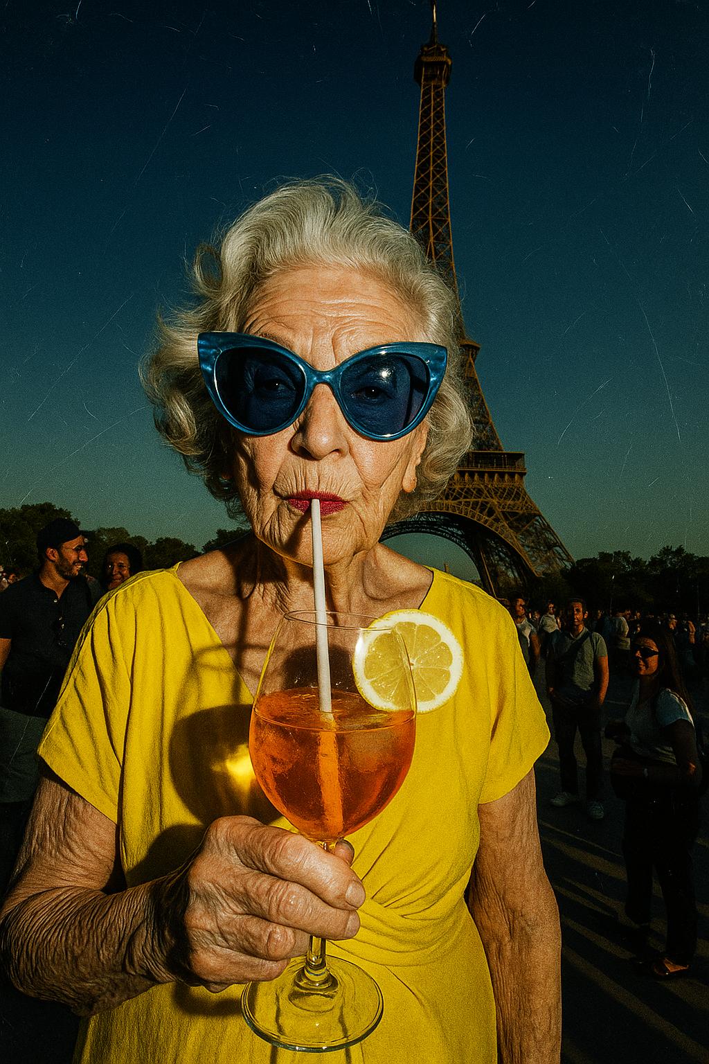 A hyperrealistic vertical flash photograph in 1080x1350 format, harsh direct flash, gritty fisheye lens, sculptural shadows, cool tones with vibrant highlights.
Glamorous old woman wearing yellow dress and huge blue sunglasses theatrically holding a lemon drink in a spritz glass at Eiffel Tower  amused people, sundowner, exaggerated shadows, scratches, gritty textures.