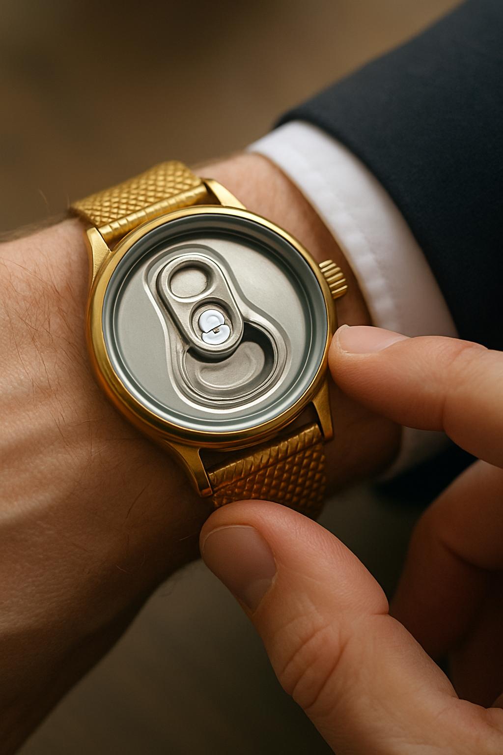 A close-up of a person's wrist wearing a gold wristwatch, but instead of a regular clock face, the watch has a realistic beer can top with a silver pull tab centered like a timepiece. The person's other hand is gently adjusting or pointing at the watch. The wrist is dressed in a formal shirt and suit jacket. The background is blurred, keeping focus on the watch detail. The mood is playful, creative, and slightly absurd. No text.