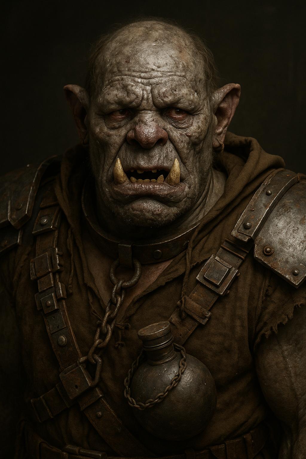 ultra detailed 3d render of Caliban from Shakespeare's 'The Tempest' as orc from the Warhammer 40k series. This orc has grey, rough, dirty, bumpy skin. In 'The Tempest' Caliban is seen to be a slave to Prospero and has a love for alcohol so reflect that with his facial features and attire. Facial features resemble that of an orc from the Warhammer Space Marine 1 game  #Warhammer40K #GothicSciFi #UltraRealism #PhotorealisticDigitalArt. Give him Warhammer 40k orc attire but make it more accurate to what a slave could be seen wearing.