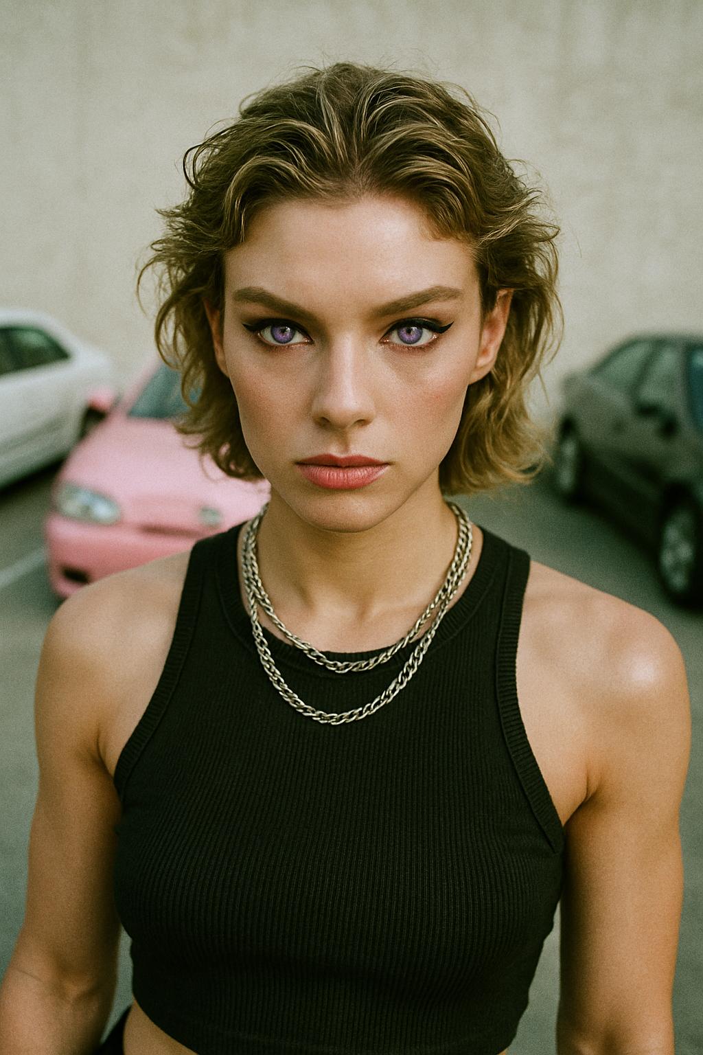 A cinematic portrait of a woman in her mid-20s, standing in front of a textured white wall, with a few softly blurred, aesthetically composed cars in the background — including a pastel pink one, subtly present but not a focal point. She has a strong, elegant physique reminiscent of Power Girl (2009), with defined yet graceful features. Her gaze is intense and direct, featuring deep, vivid purple eyes. Her lips are glossed in a soft pastel pink tone, echoing one of the background cars. Her hair is tousled with product for texture, not wet, giving a polished yet effortless look. She wears a black ribbed sleeveless crop top with a medium-high neckline, paired with layered silver chains. Her makeup follows a Y2K-inspired aesthetic: powdery porcelain complexion, soft blush, dramatic black eyeliner with winged tips, and shimmer beneath the eyes. The photo is captured with a slightly overhead fisheye lens, lending a raw, distorted intimacy. The lighting is diffuse and natural, enhancing the analog grit and tactile quality of the scene. The image has a subtle grain and desaturated tones, evoking a stylized, editorial street portrait with cinematic depth
