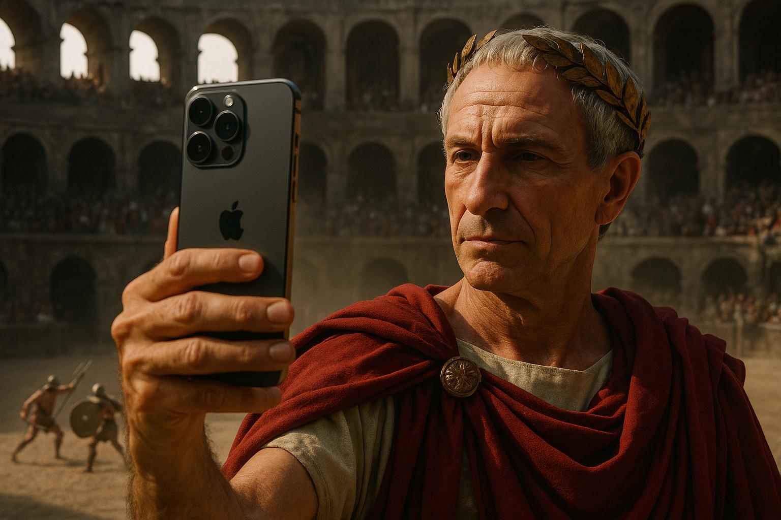 Photorealistic, historical, cinematic, Julius Caesar taking selfie with iPhone 16 Pro Max inside colosseum while gladiators fighting in arena in background