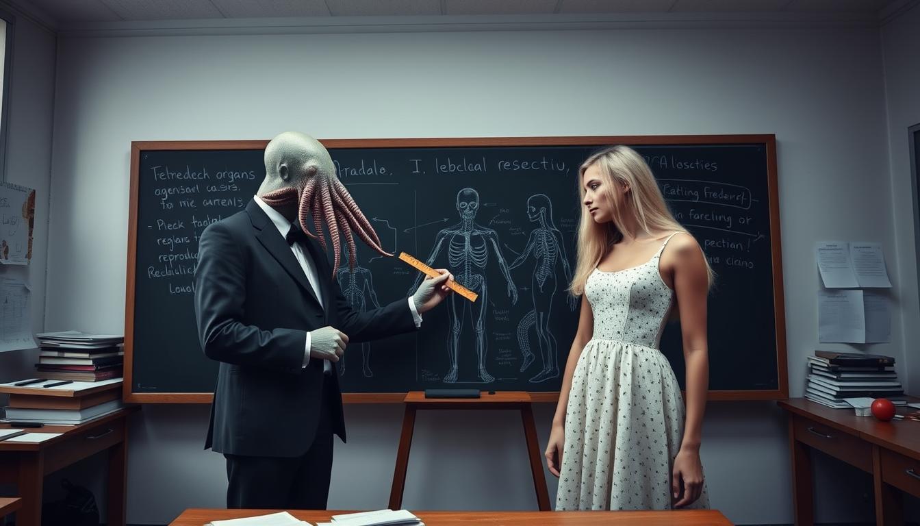 photo of blonde skinny slender Aleksandra20, with long hair and long legs. Haute couture, avantgarde high fashion. 

Surreal scene with A clothed male teacher with a tentacle face teaching a girl class about reproduction organs in humans - he has drawn them on a blackboard. Next to him stands a girl. He is pointing to her breasts with a ruler. Overcast afternoon, messy classroom. 
