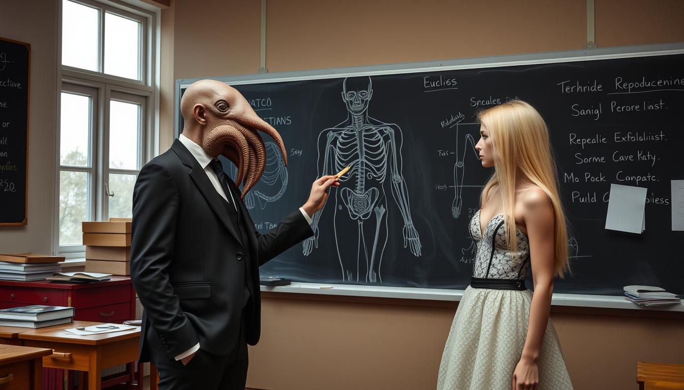 photo of blonde skinny slender Aleksandra20, with long hair and long legs. Haute couture, avantgarde high fashion. 

Surreal scene with A clothed male teacher with a tentacle face teaching a girl class about reproduction organs in humans - he has drawn them on a blackboard. Next to him stands a girl. He is pointing to her breasts with a ruler. Overcast afternoon, messy classroom. 