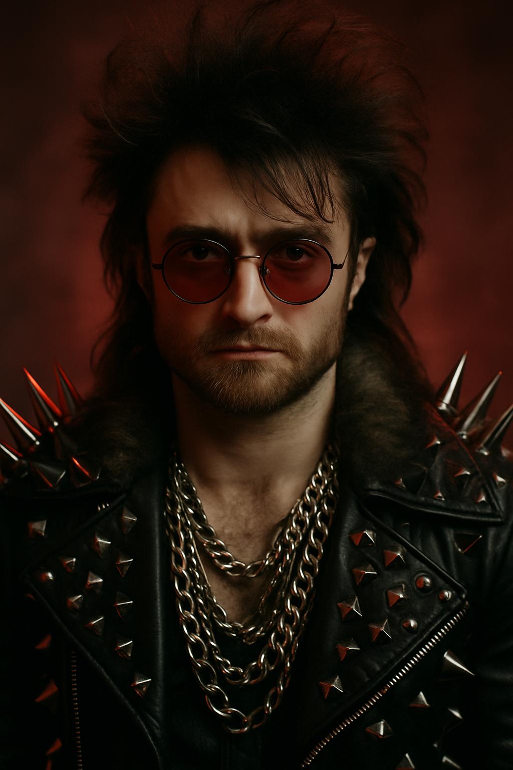 Daniel Radcliffe as a theatrical glam metal icon, chest to head close-up, intense and focused expression, wearing a fur-lined black leather jacket with massive chrome spikes and gothic metal studs, layered chains, red-tinted sunglasses, soft moody red lighting, shallow depth of field, blurred smoky background, dramatic fashion portrait