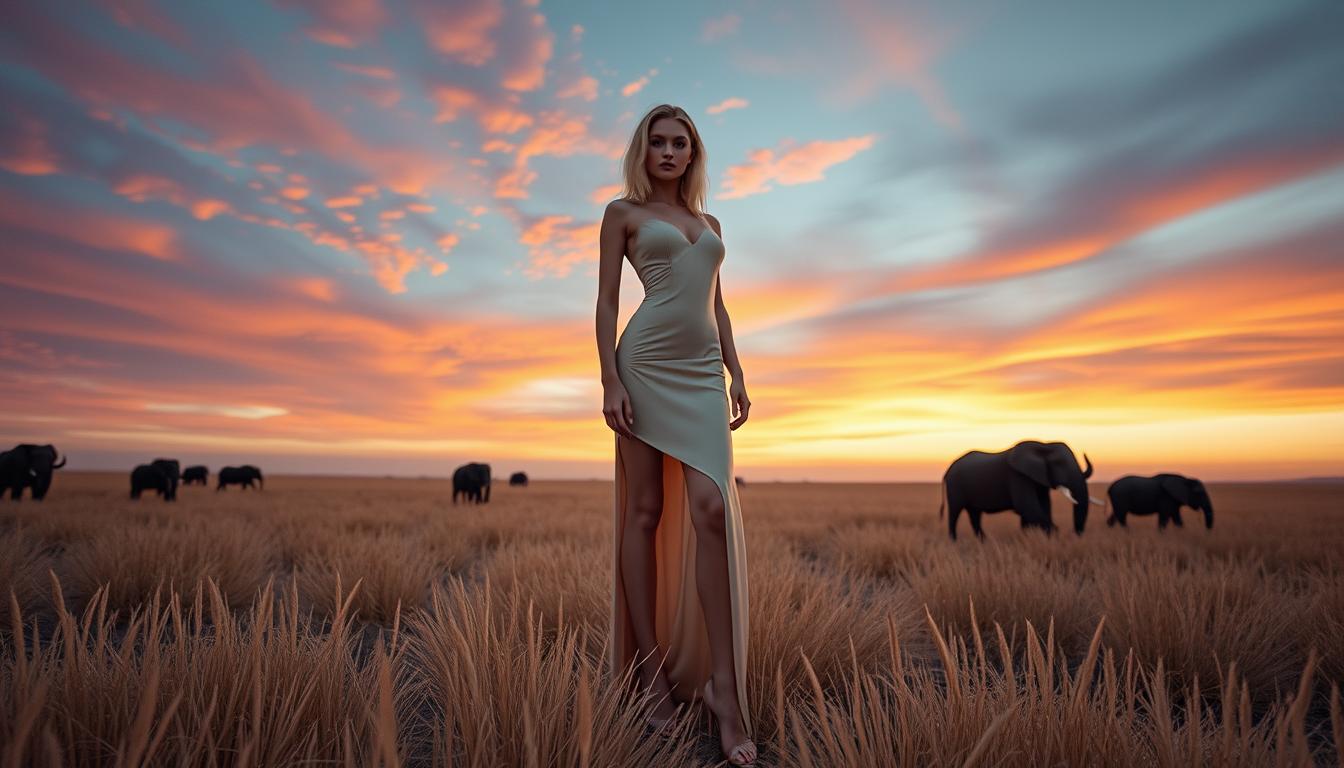 photo of blonde skinny slender Aleksandra20, with long hair and long legs. Haute couture, avantgarde high fashion.

A striking photograph of a slender young fashion model in high fashion avantgarde dress, standing confidently in a surreal, fantastical savanna landscape. Her delicate frame is accentuated by long, slender legs, creating a bold and exaggerated silhouette. Her face is adorned with dramatic makeup, featuring long, voluminous eyelashes that frame her captivating eyes. She stands tall and poised, exuding a sense of raw vulnerability and strength. The surrounding environment is a dreamlike savanna, with golden grasses stretching endlessly under a vibrant, otherworldly sky painted in hues of deep orange and violet at twilight. Majestic buffalo and elephants roam in the distance, their dark, powerful forms contrasting with the ethereal glow of the scene. The composition focuses on the central figure, captured from a low-angle perspective to emphasize her towering presence against the expansive horizon. The lighting is soft and warm, with a golden hour glow casting gentle shadows across her face and the landscape, highlighting textures like the roughness of the grass and the smoothness of her figure. The mood is both serene and surreal, blending natural beauty with a touch of fantasy, evoking a sense of timeless wonder. The style is reminiscent of high-fashion editorial photography, with hyper-realistic details and a cinematic depth of field, ensuring every element—from the intricate makeup to the distant buffalo—is rendered with stunning clarity.
